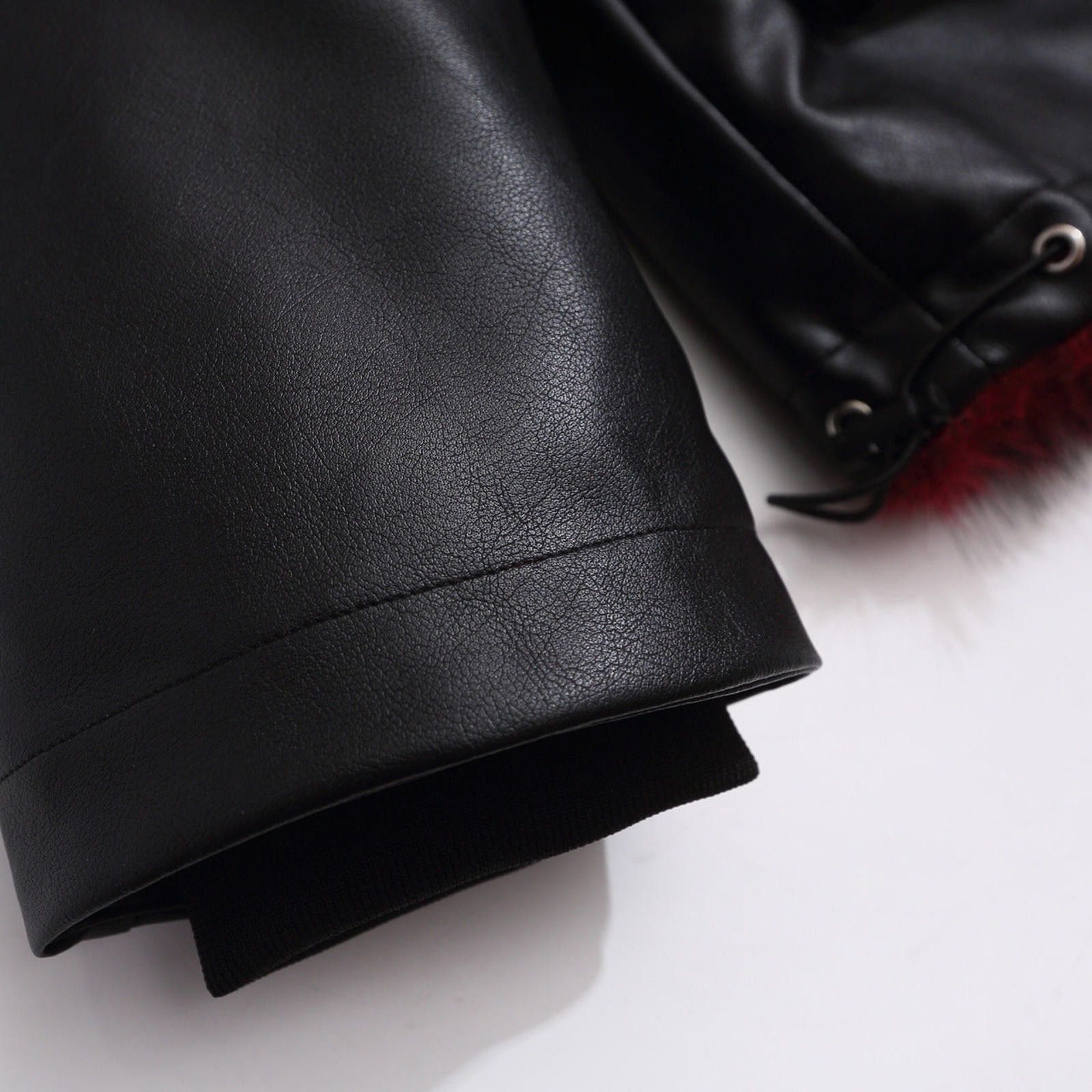 Japanese Brand Black Faux Leather Hooded Jacket with Burgundy Fur Trim Size US M / EU 48-50 / 2 - 4 Thumbnail