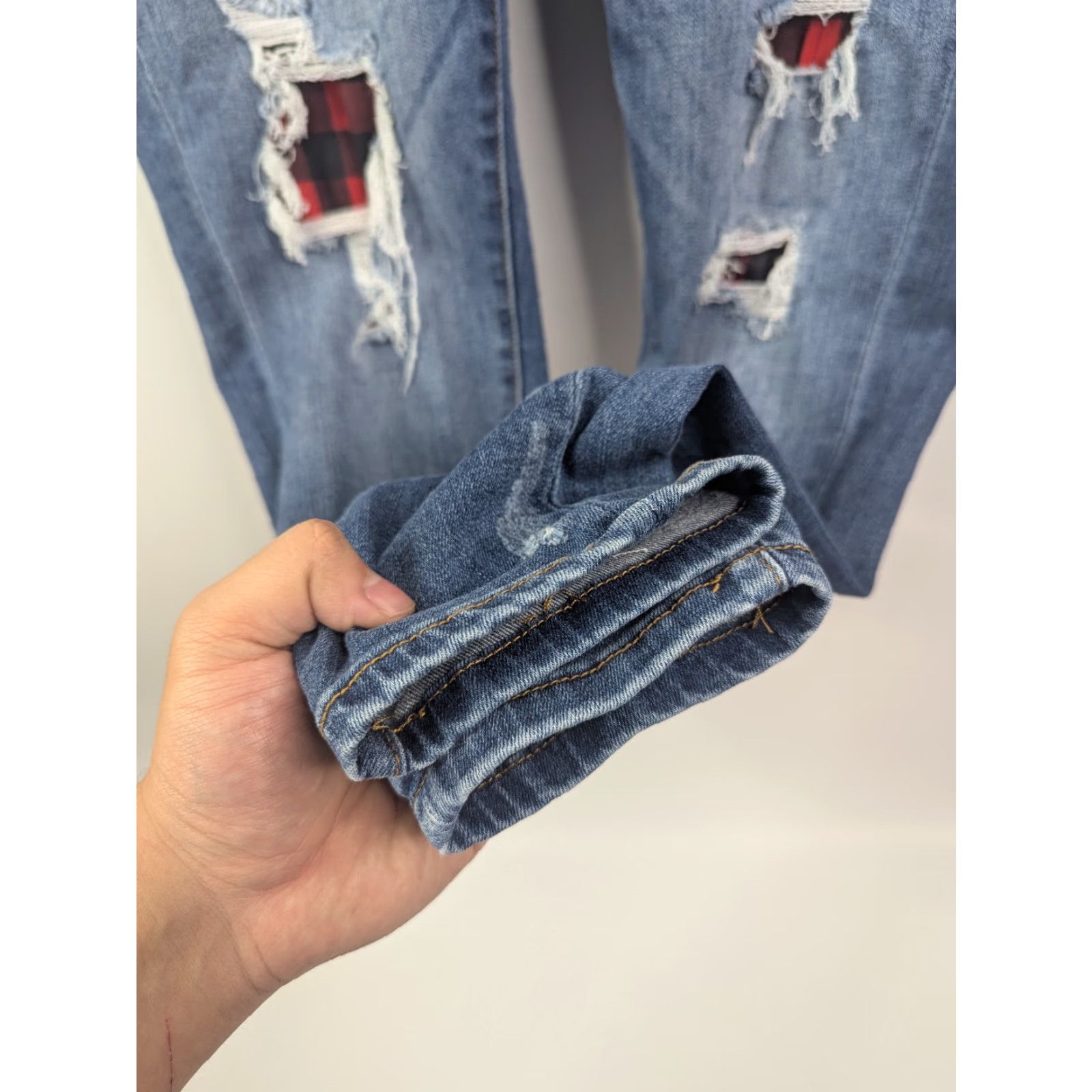 Denime Judy Blue Jeans Womens 13/31 Skinny Distressed Buffalo Plaid Patch Denim JB88316 Denim Jeans Women Vintage: No Size 34" / US 12 / IT 48 - 3 Thumbnail
