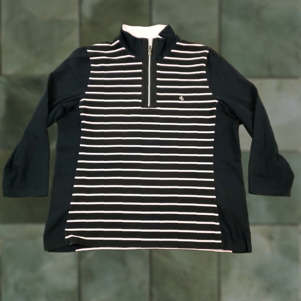 Ralph Lauren Lauren Ralph Lauren Women's XL Black Pink Striped Sweater 1/4 Zip Stretch Long Sleeve Cotton Size XL / US 12-14 / IT 48-50 - 1 Thumbnail