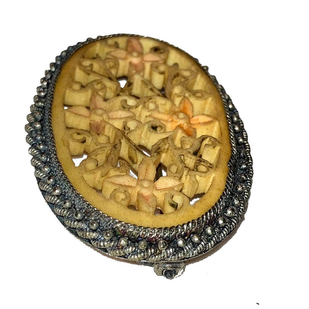 Designer Chinese Carved Floral Cut Out Bovine Bone Pin Pot Metal Size ONE SIZE - 2 Thumbnail