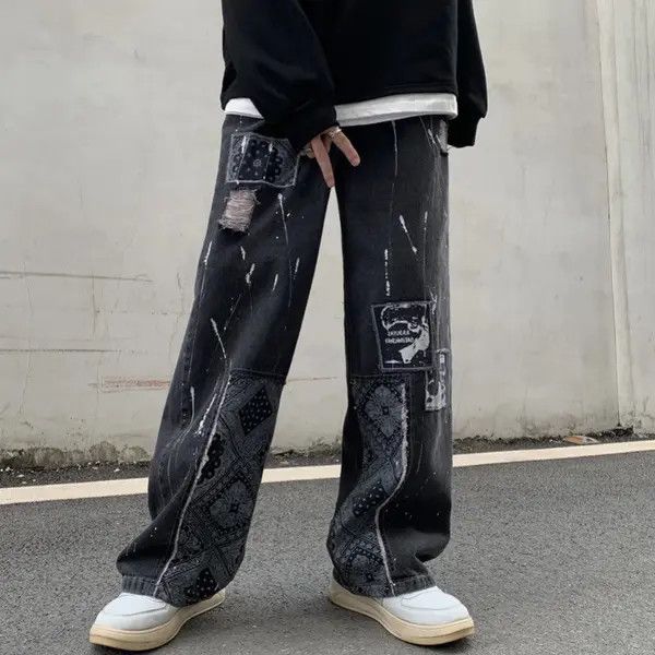 Jean Bandana Patchwork Straight Leg Baggy Jeans Size US 30 / EU 46 - 8 Thumbnail