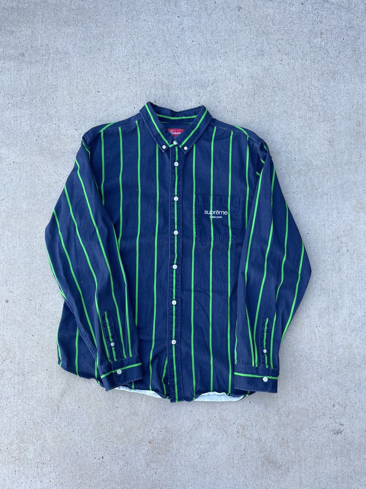 image of Hype x Supreme New York Striped Button Up Shirt in Navy, Men's (Size XL)