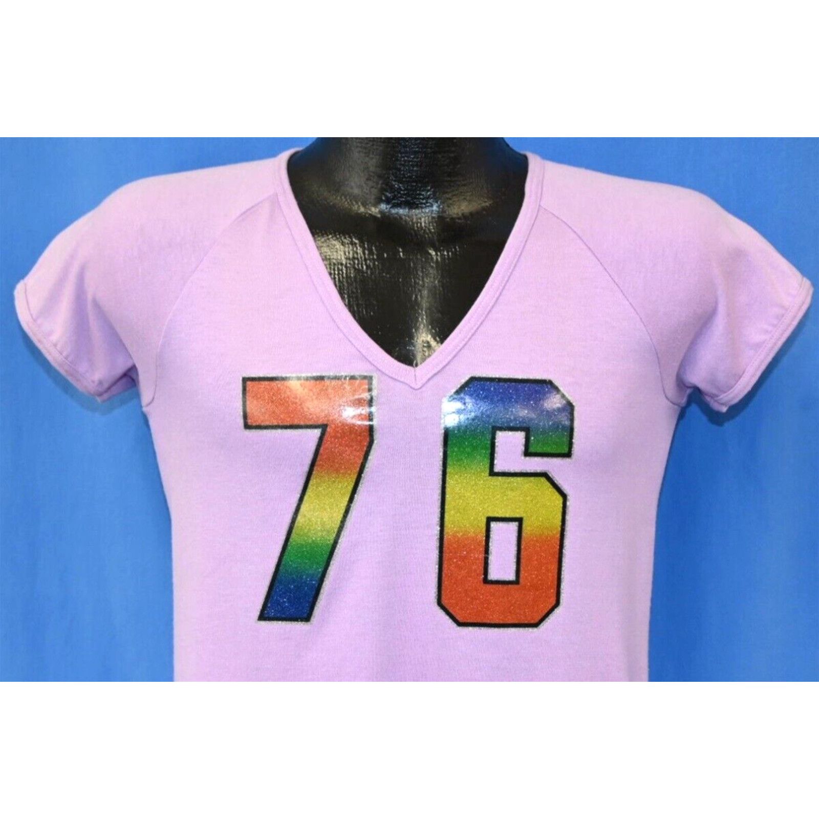 image of Mcgregor Vintage 70's Rainbow 76 Glitter Iron On V Neck Jersey Women's T-Shirt Small S in White