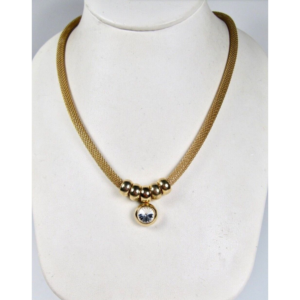 Vintage Gold Tone Metal Mesh Tube Necklace Ring Stoned Pendant Circa Size ONE SIZE - 5 Thumbnail