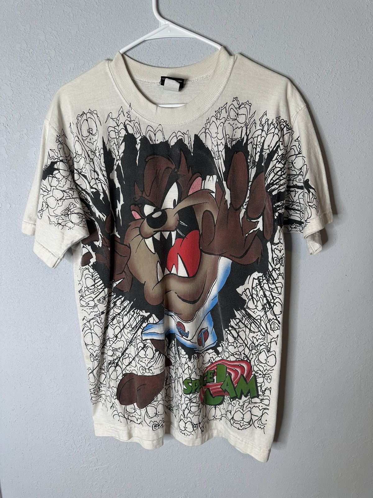 image of Vintage Space Jam Shatters Backboard Aop Tax Shirt Size M in White, Men's