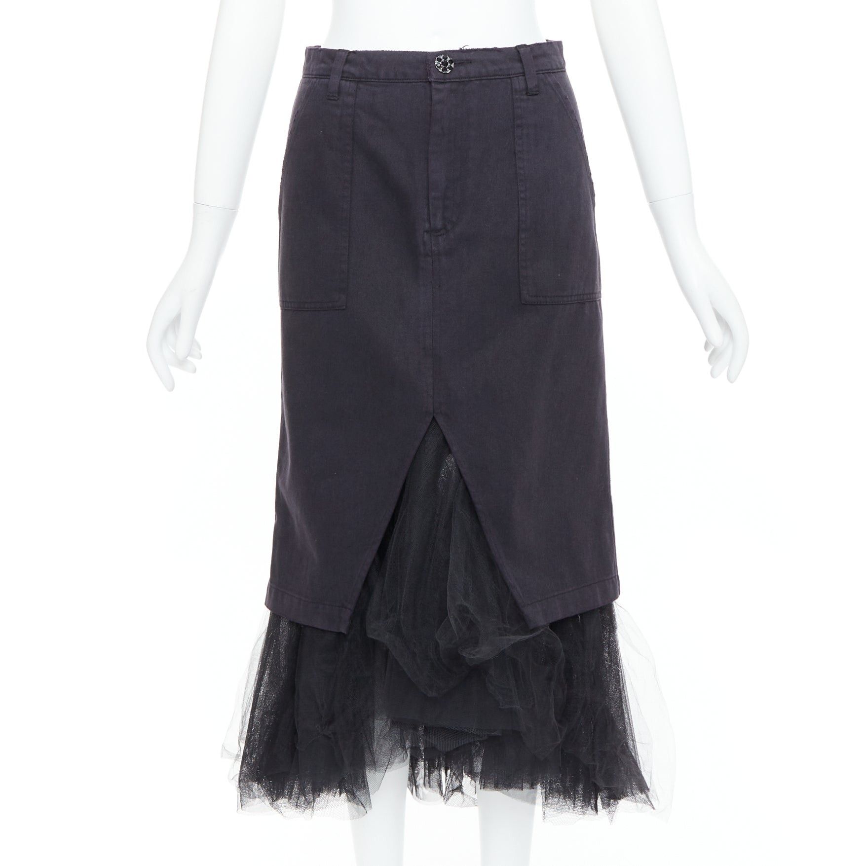 Le Superbe LE SUPERBE black denim tulle hem overlay crystal button midi skirt US0 XS Size 26" / US 2 / IT 38 - 1 Thumbnail