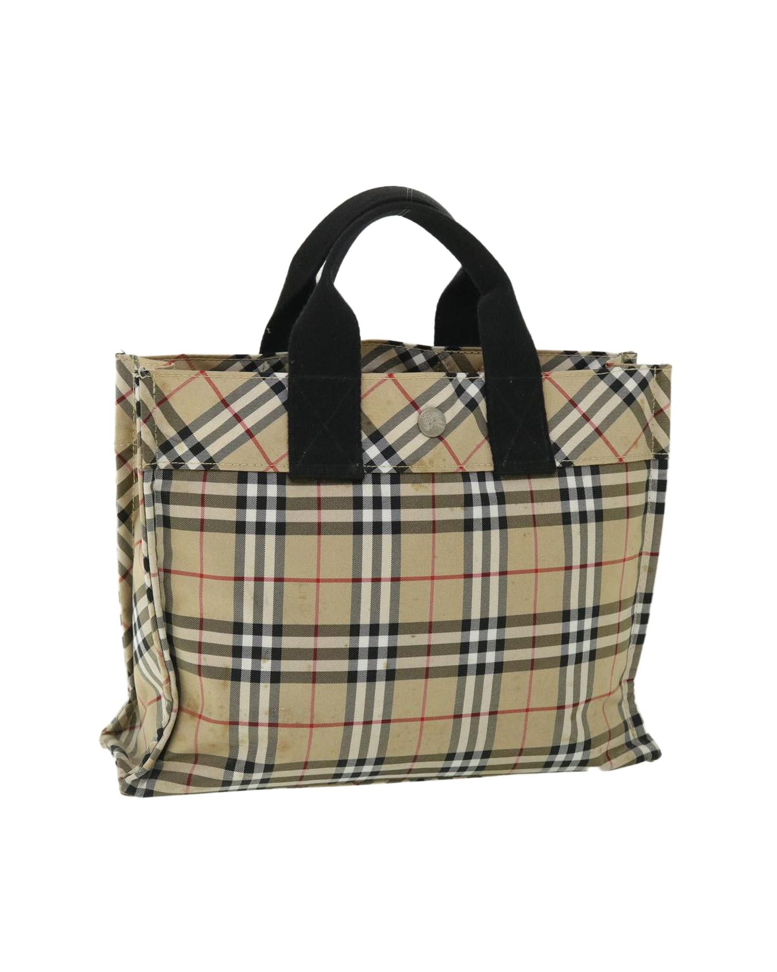 image of Burberry Authentic Nylon And Leather Hand Bag With Iconic Check Print in Beige, Women's