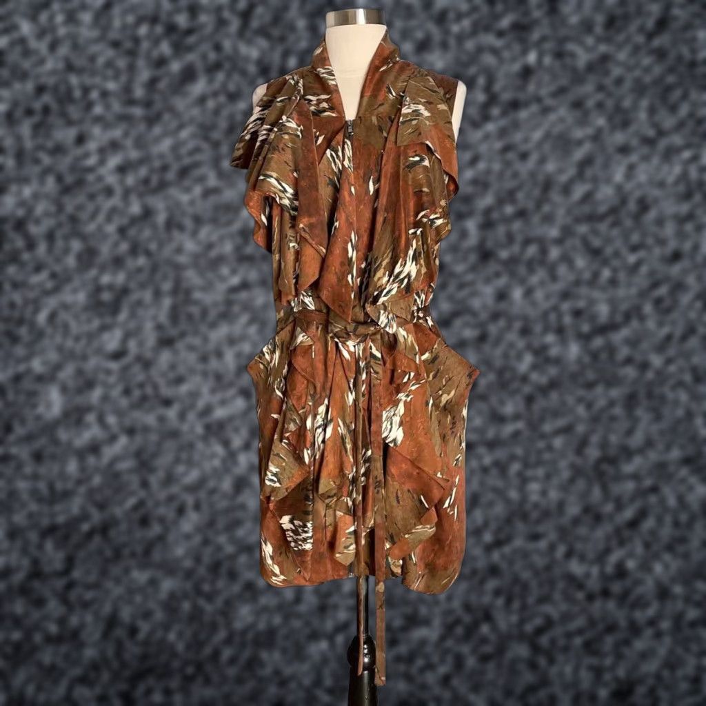 EDUN Silk Marbled Brown Green Ruffle Overlay Dress Size S Button Front Sleeveless Zip Party/Cocktail Womens