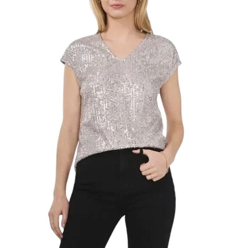 Vince Camuto Vince Camuto Sequin Blouse V Neck Metallic Silver Womens NWT Size S / US 4 / IT 40 - 1 Thumbnail