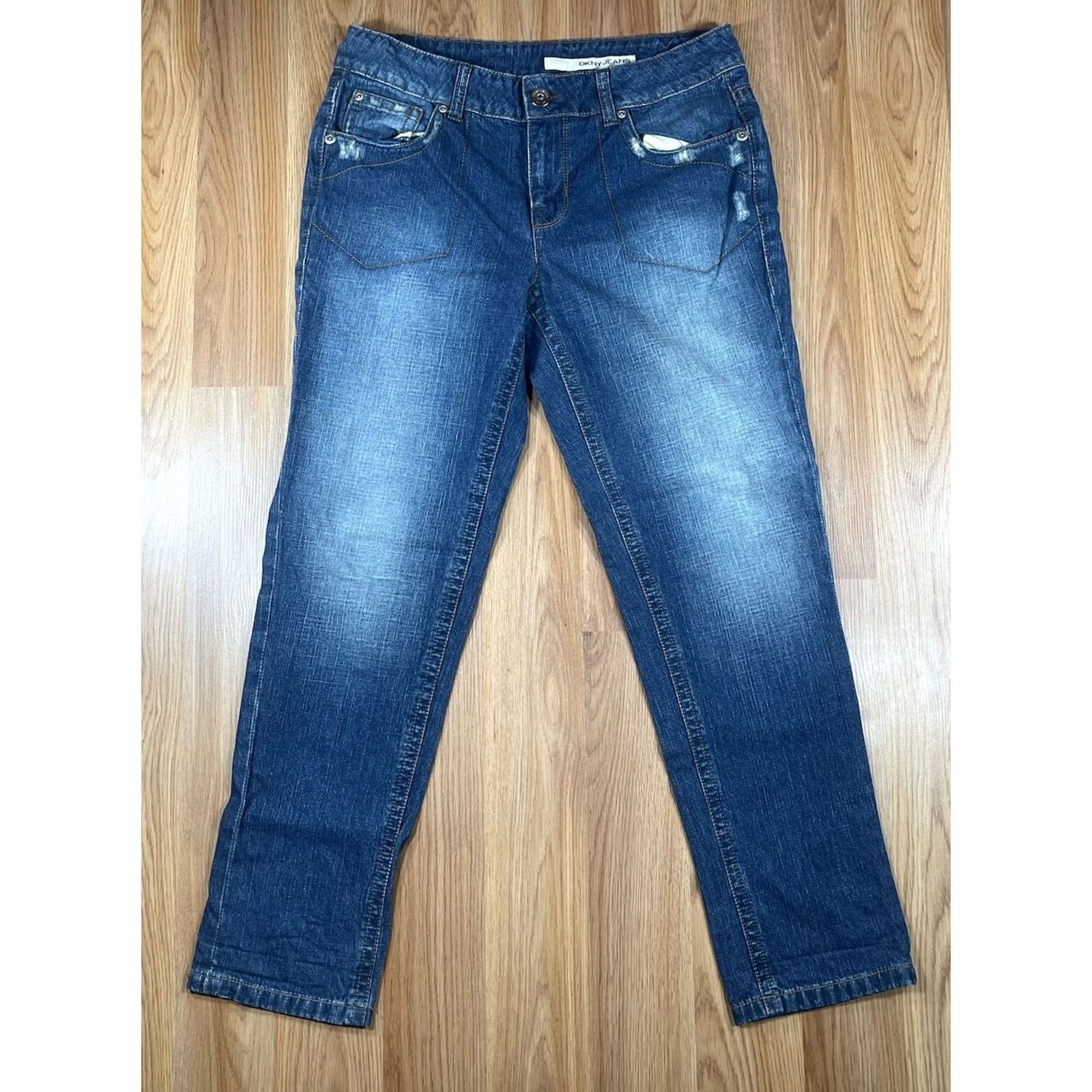 DKNY VINTAGE: No DKNY Jeans Straight Leg High Rise Blue Denim Distressed Womens Size 8 Jeans Distressed DKNY Blue Denim Jeans Size 30" / US 8 / IT 44 - 2 Thumbnail