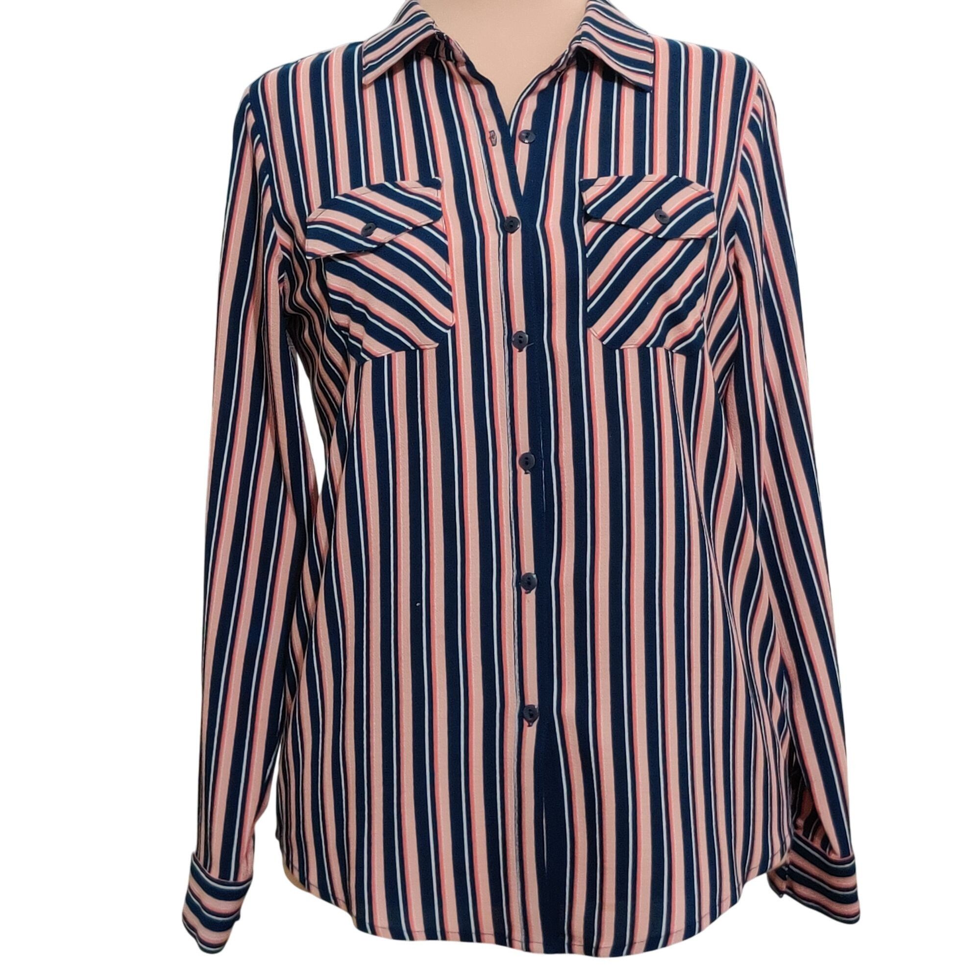 Other Lynn Ryan L Striped Button Up Shirt Navy Pink Long Sleeve Ca Size L / US 10 / IT 46 - 1 Thumbnail