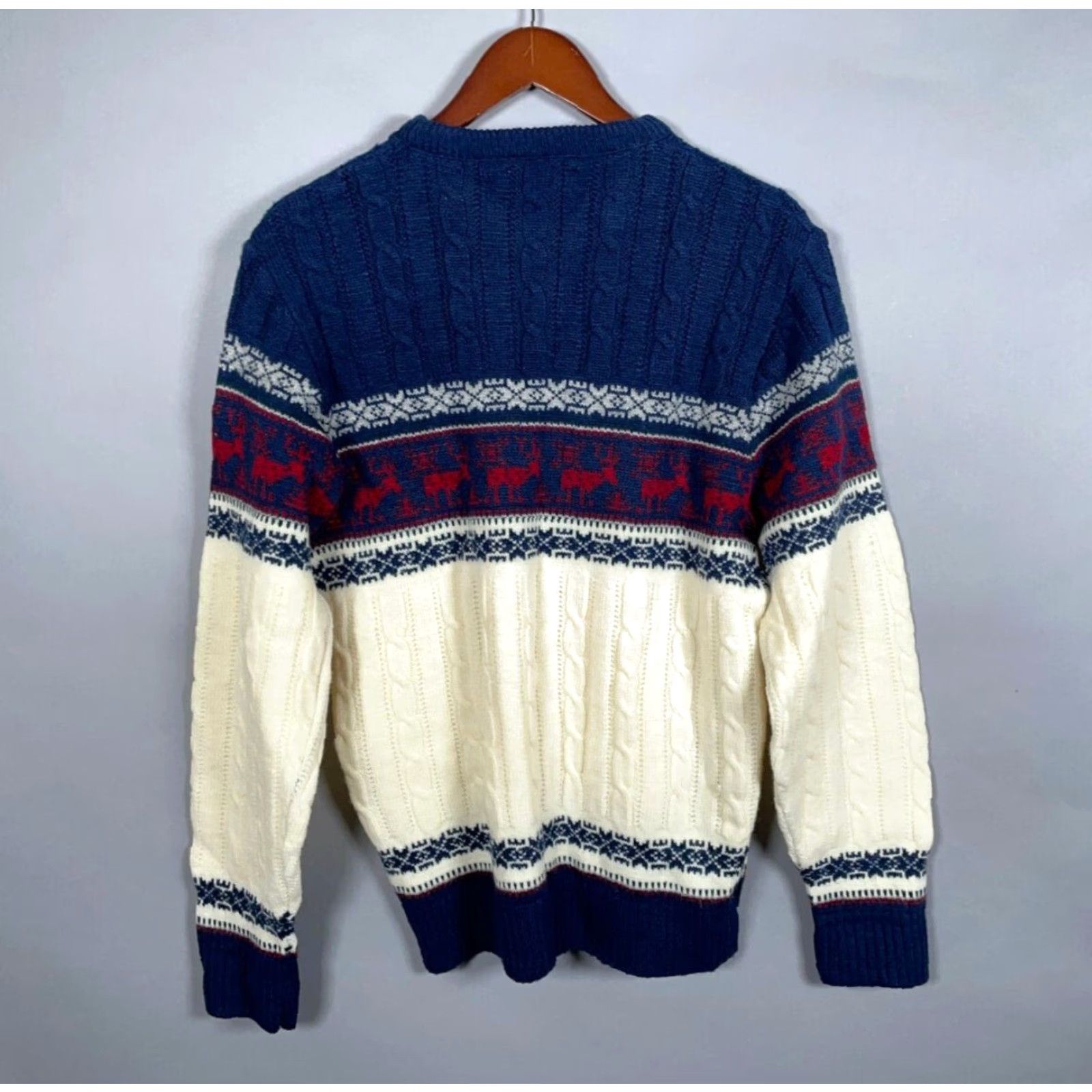 Jantzen VINTAGE 60s Jantzen Reindeer Cable Knit Sweater Men's Medium Winter Ivory Blue Retro Ski Size US M / EU 48-50 / 2 - 3 Thumbnail