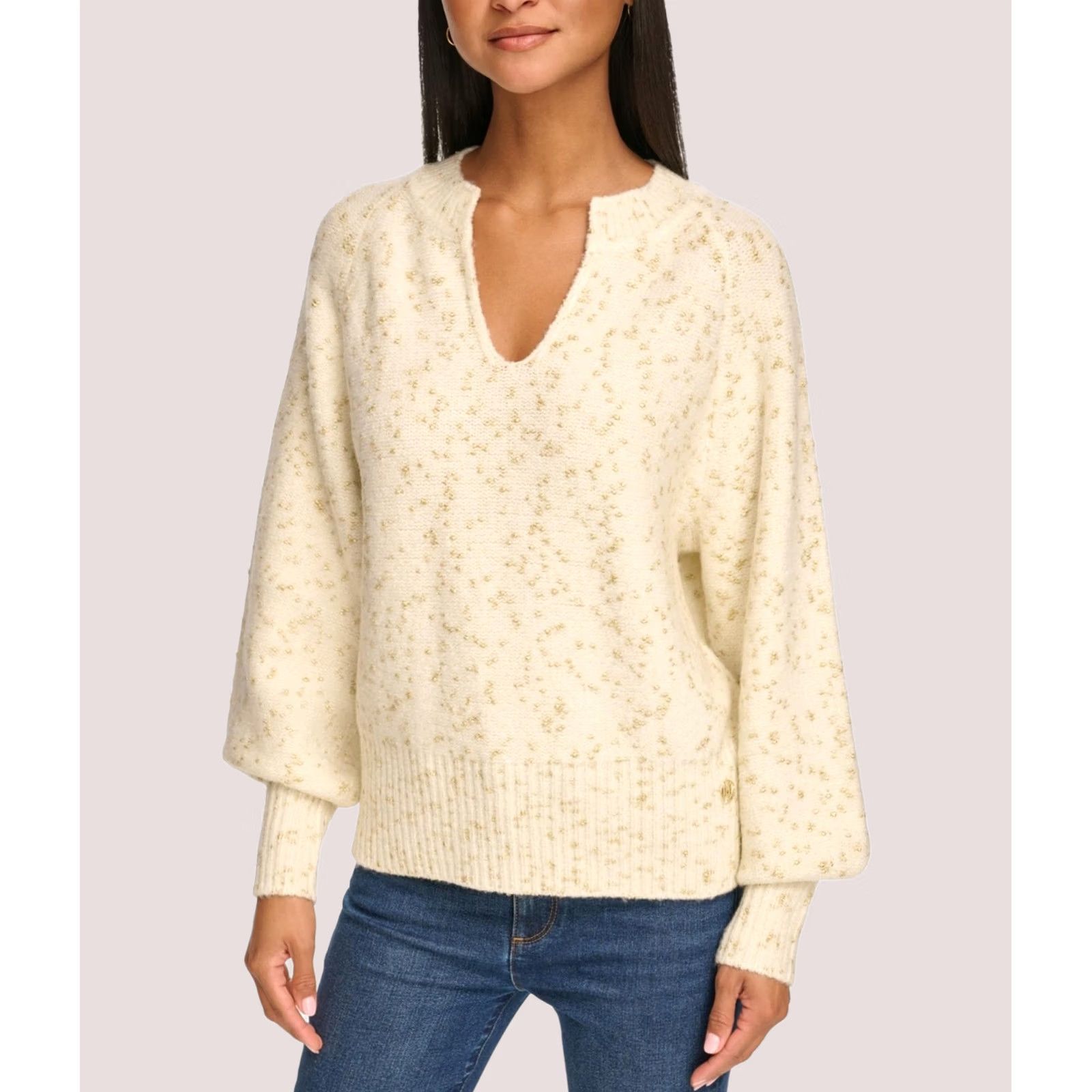 Karl Lagerfeld Karl Lagerfeld Womens Splitneck Pullover Sweater, Gold, Large Size L / US 10 / IT 46 - 1 Preview