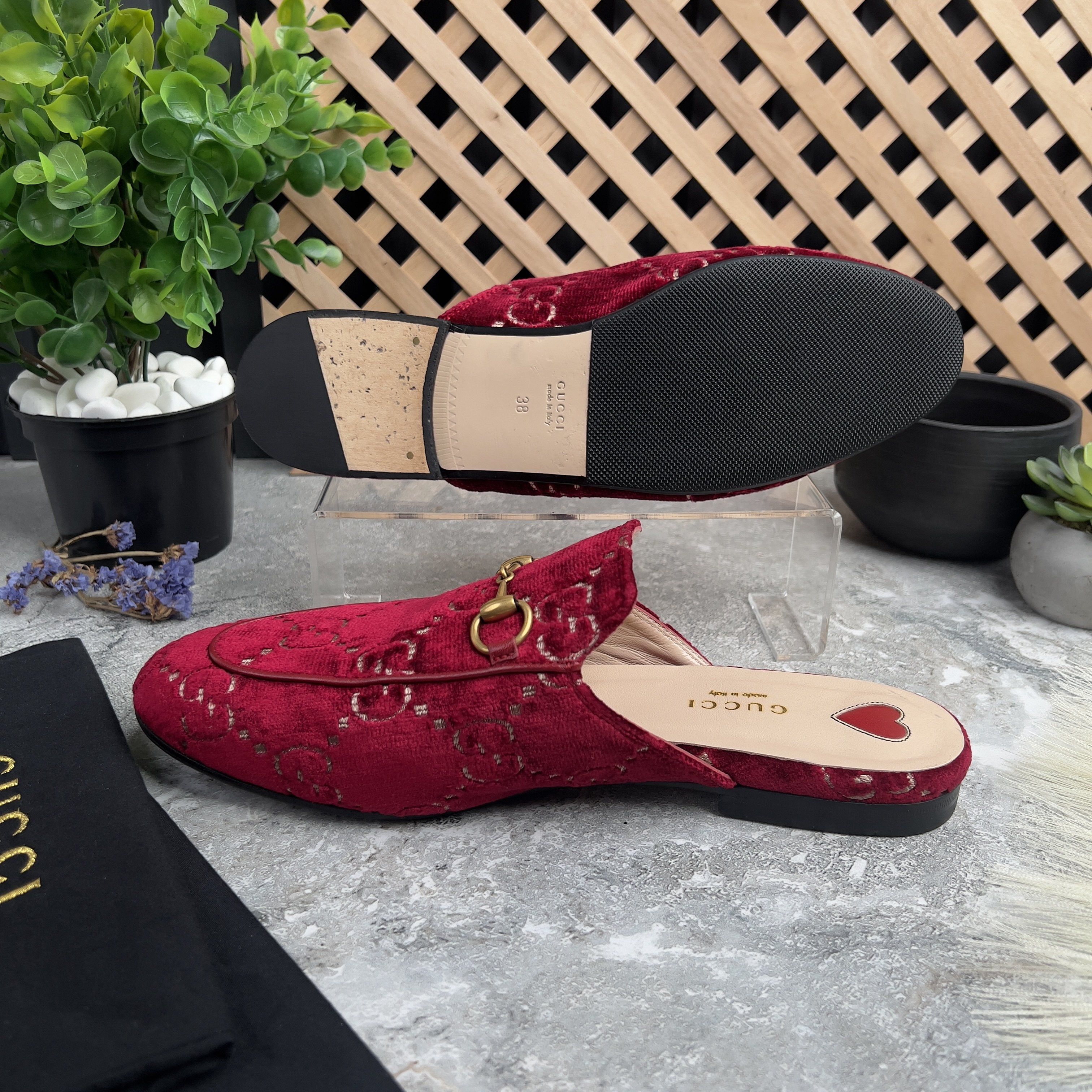 Gucci Princetown Horsebit GG Monogram Mule Red Velour Size US 8 / IT 38 - 7 Thumbnail