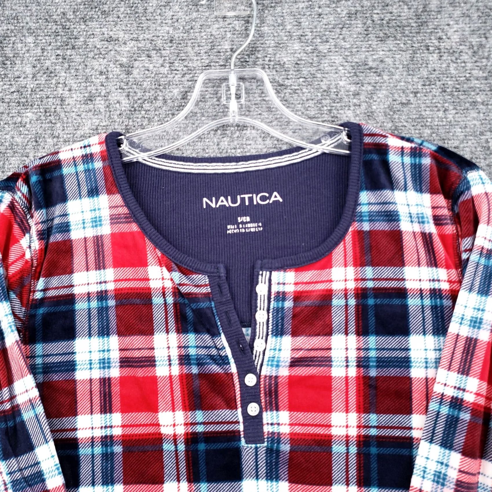 Nautica Nautica Pajama Top Womens S Small Red Plaid Henley Long Sleeve Fleece Sleepwear Size S / US 4 / IT 40 - 6 Thumbnail