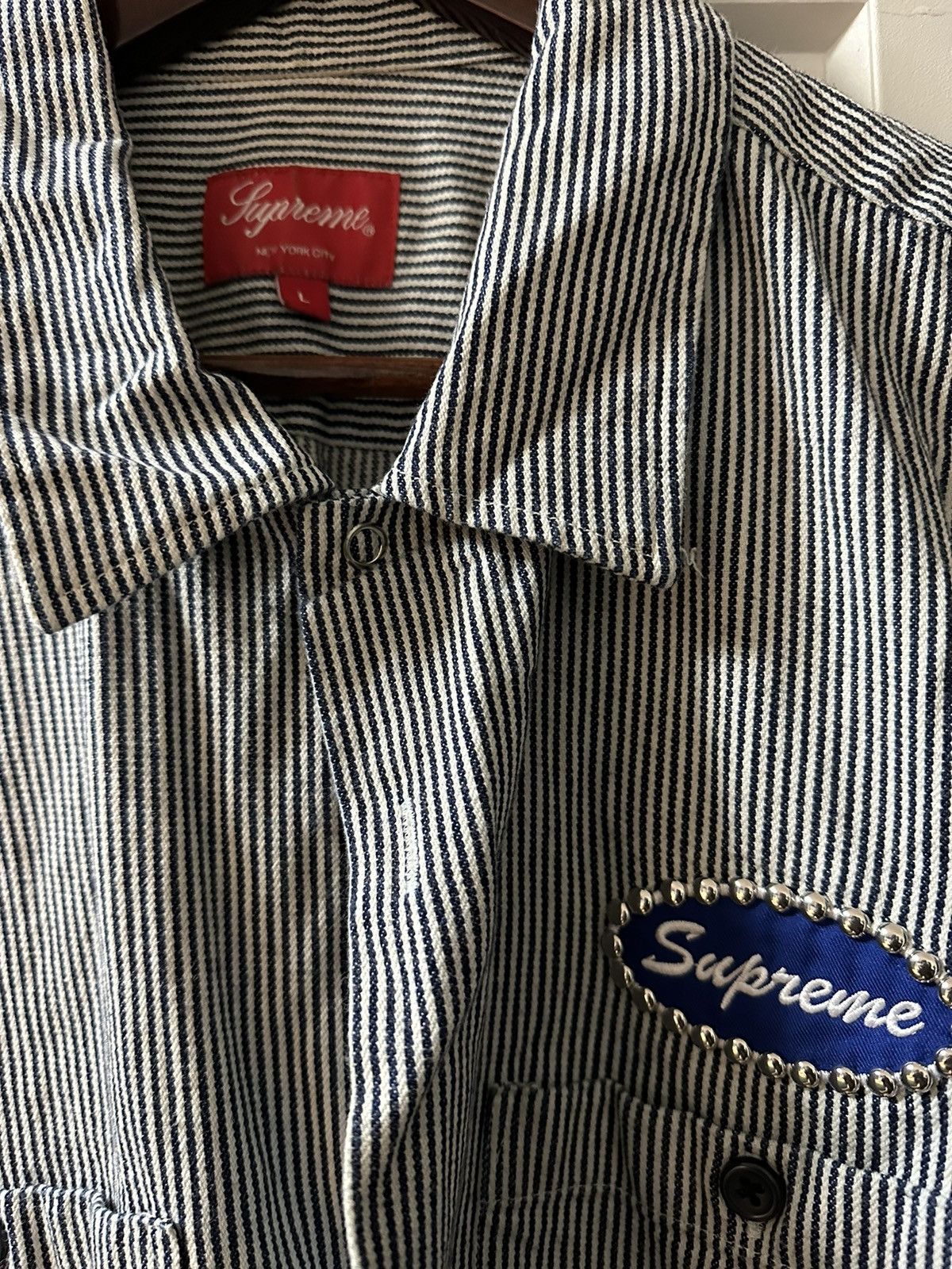 image of Supreme New York Exclusive Button Down in Navy Blue White, Men's (Size Large)