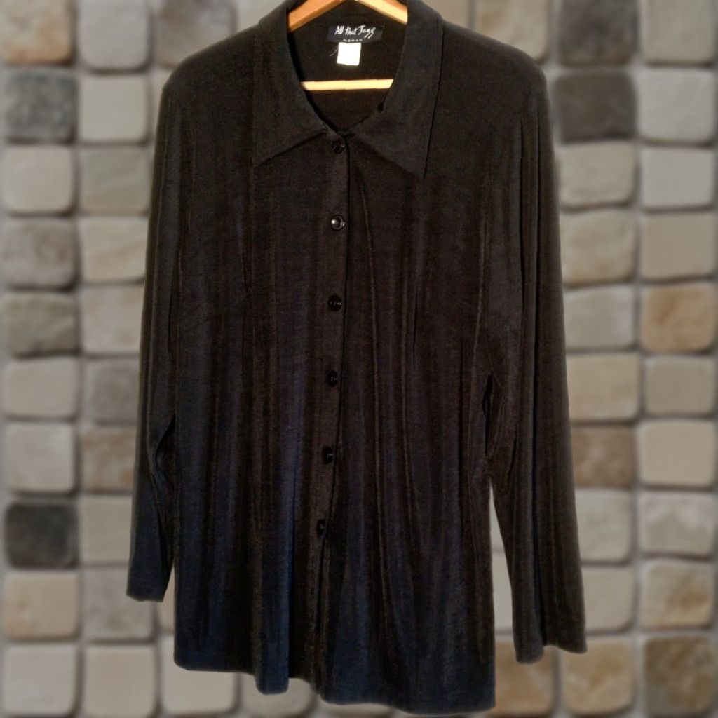 Vintage VINTAGE All That Jazz Blouse Shirt 16 Women Black Nylon Spandex Button Up Collared Lagenlook Gothic Witchy Size XXL / US 16-18 / IT 52-54 - 1 Thumbnail