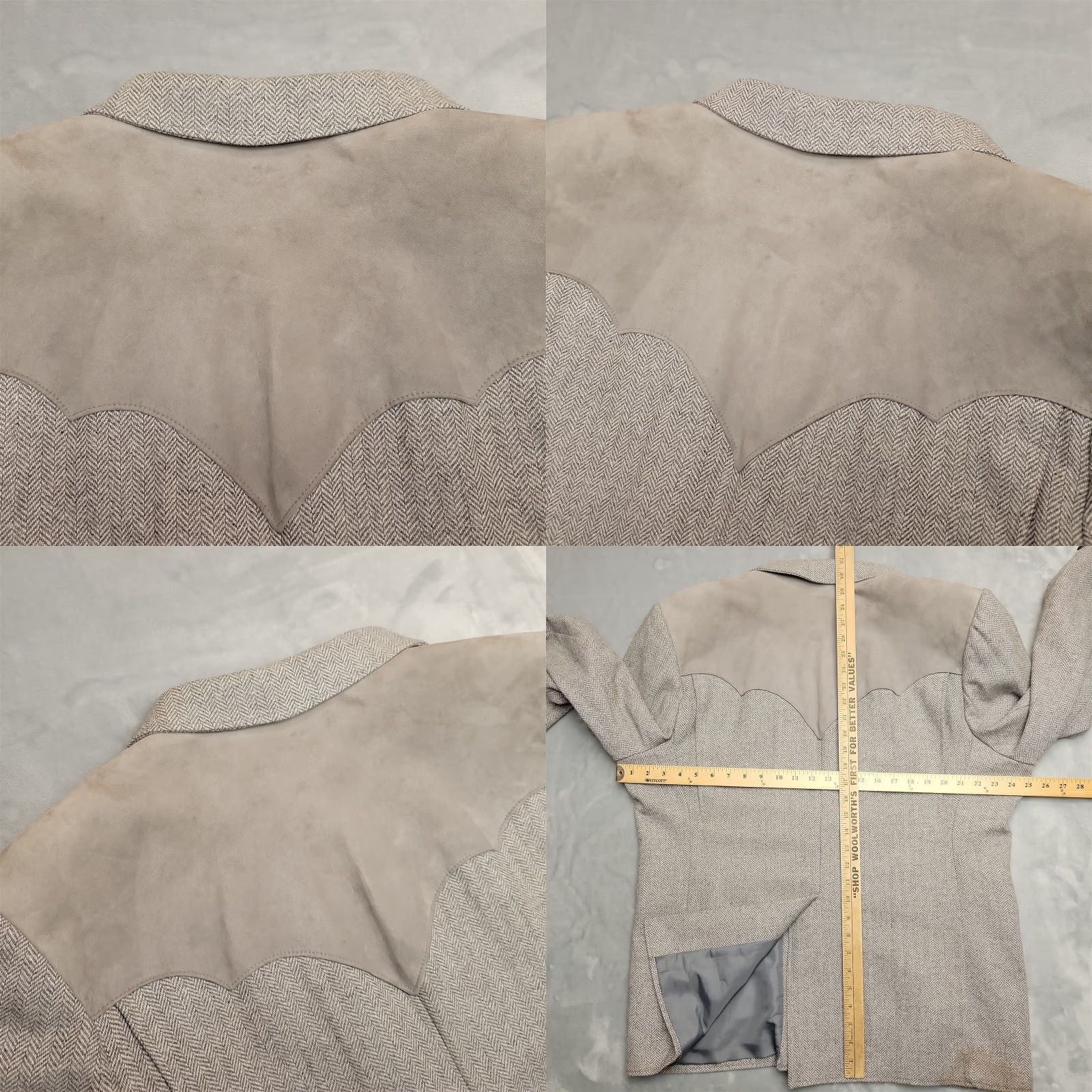 YOKE VINTAGE Pioneer Wear Blazer Men 48 Gray Herringbone Western Suede Yoke Wool USA Made Size 48R - 8 Thumbnail