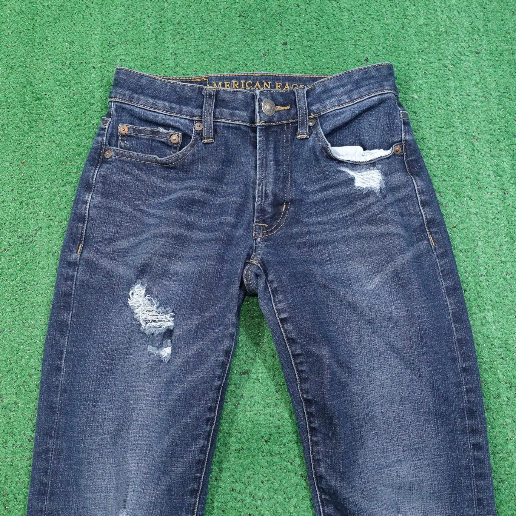 American Eagle Outfitters AMERICAN EAGLE EXTREME FLEX SLIM STRAIGHT DISTRESSED DENIM JEANS MENS 26X28 BLUE Size US 26 / EU 42 - 2 Thumbnail