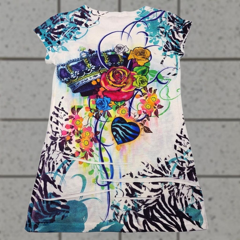 Vintage Romeo & Juliet Couture Embellished Shirt Women's Small Y2K Graphic USA Flowers Shirt Adult Womens S Crew Neck Short Sleeve Rhinestone Leopard Size S / US 4 / IT 40 - 1 Thumbnail