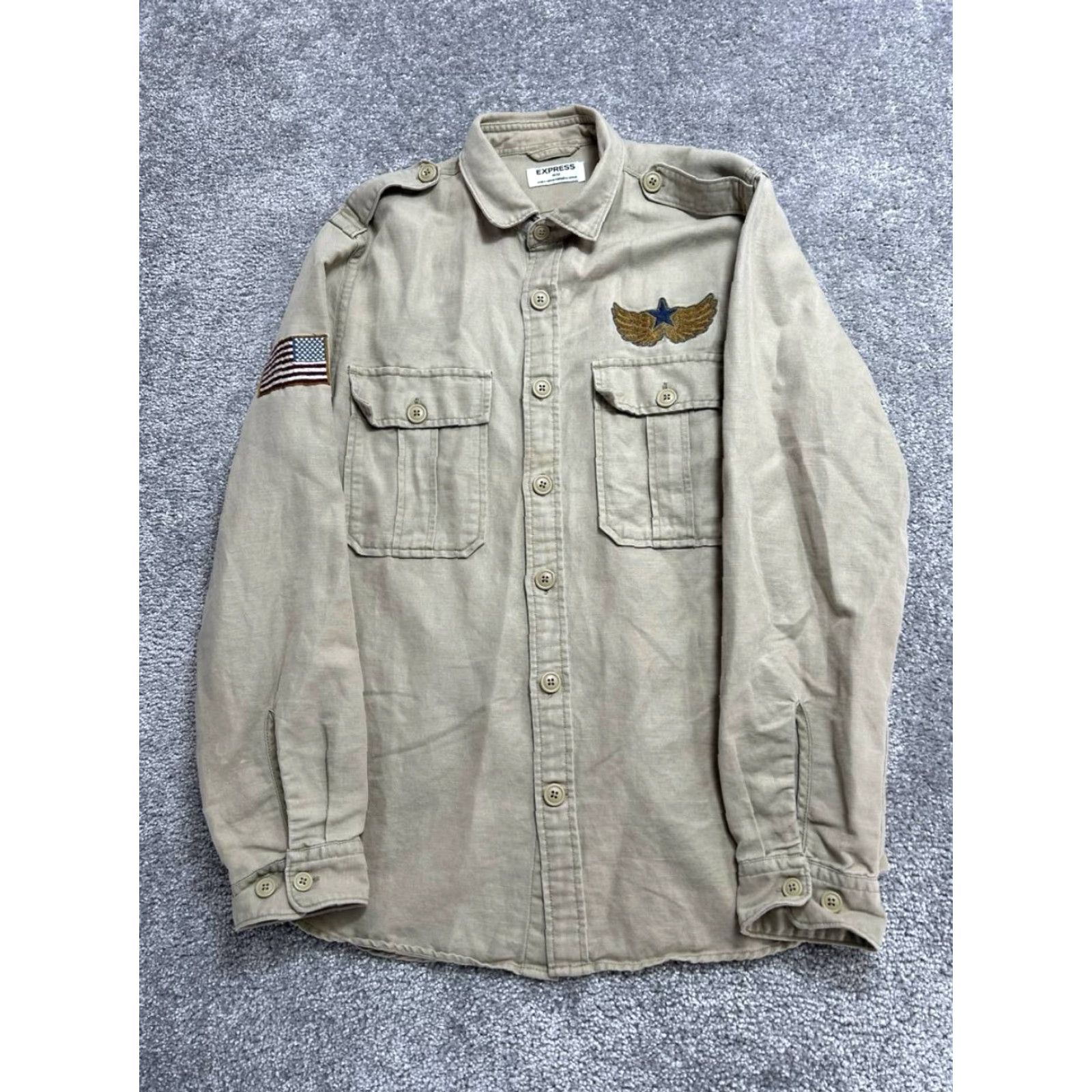 Express Express Military Shirt Mens M Beig e Linen 30th Division Eagle Embroidered Shirt Size US M / EU 48-50 / 2 - 2 Thumbnail