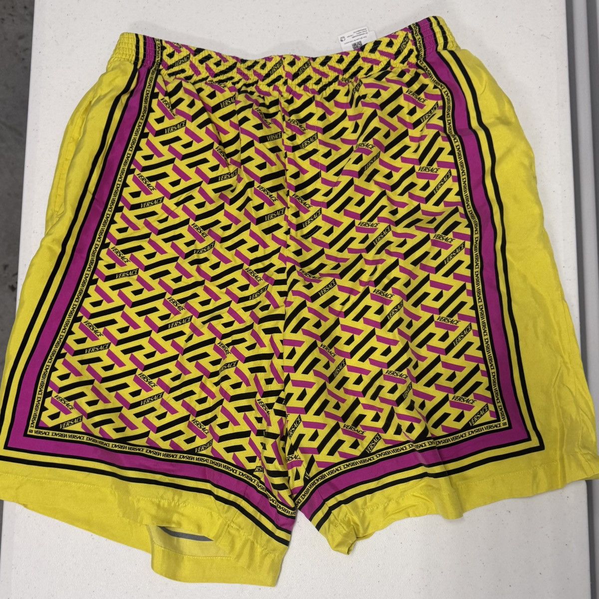 Versace Versace La Greca Silk Shorts - Yellow/Magenta - Fits Size L Size US 35 - 1 Thumbnail