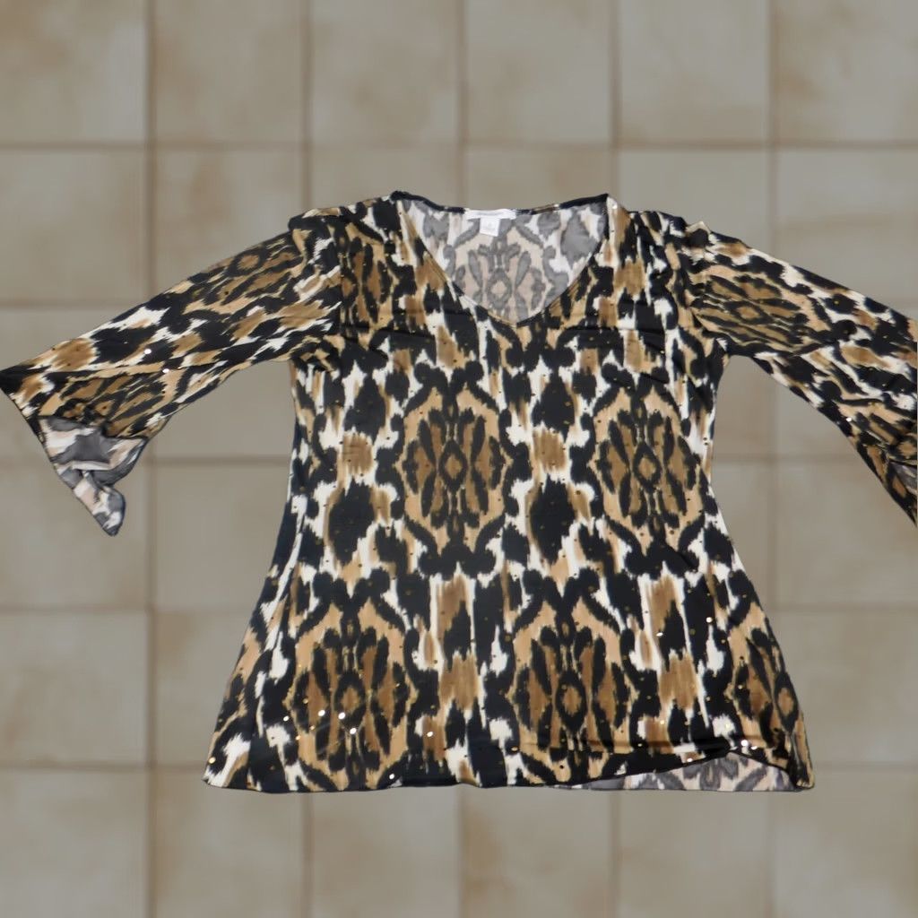 Vintage Dressbarn Blouse S Women Brown Long Sleeve Collared Pullover Stretch Designer Geometric Casual Vintage No Size S / US 4 / IT 40 - 1 Thumbnail