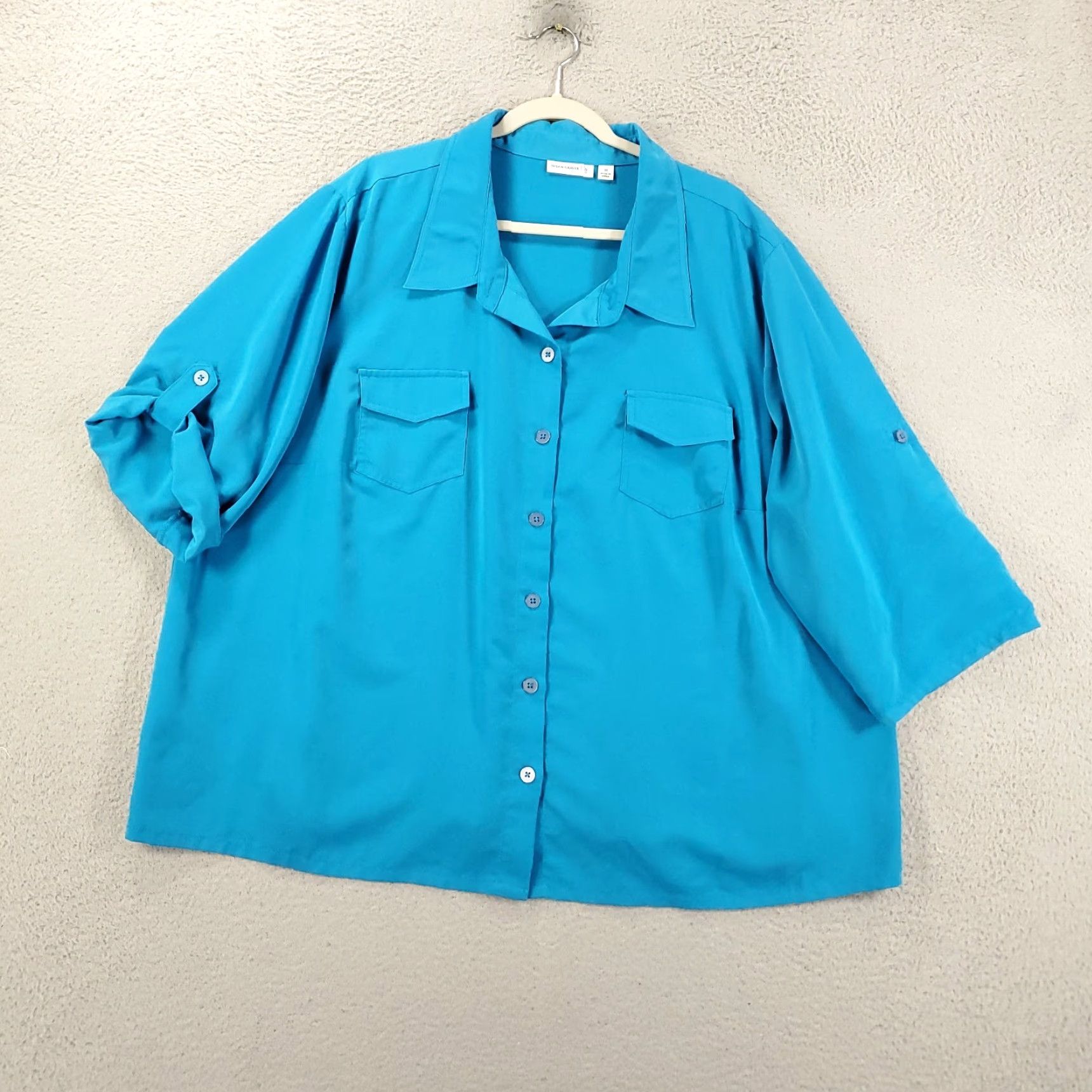 Vintage Susan Graver Blouse Womens 3X Blue Button Up Roll Tab Sleeve Pockets Flap Pockets? Size XXL / US 16-18 / IT 52-54 - 2 Thumbnail