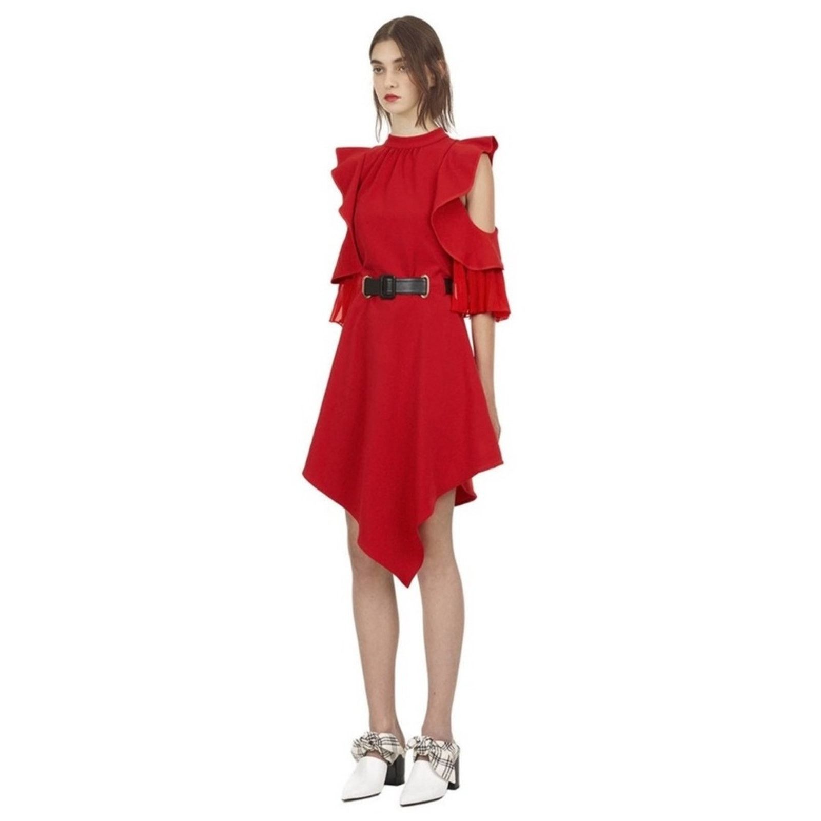 Self-Portrait Self-Portrait Asymmetrical Jersey Red Ruffled Sleeve Dress 4 Size S / US 4 / IT 40 - 3 Thumbnail