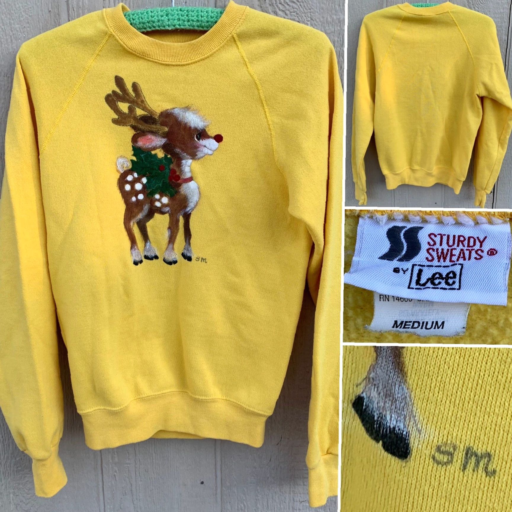 Lee VINTAGE Lee Sweatshirt Reindeer Christmas Yellow M Men Crew Neck Long Sleeve Graphic Print Pullover Raglan 80s 90s Holiday Art Size US M / EU 48-50 / 2 - 2 Thumbnail