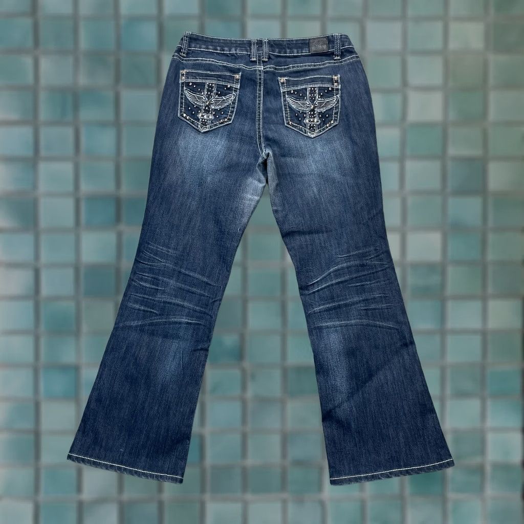 Vintage Love Nation Angel Wings Jeans Womens 12 Bootcut Embroidered Beaded 5-Pocket Denim Cotton Polyester Spandex Blue Size 34" / US 12 / IT 48 - 1 Thumbnail