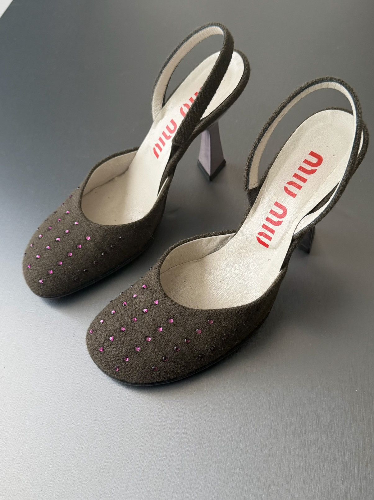 Miu Miu miu miu s/s 1998 olive tweed with pink crystals heels Size US 7.5 / IT 37.5 - 2 Thumbnail