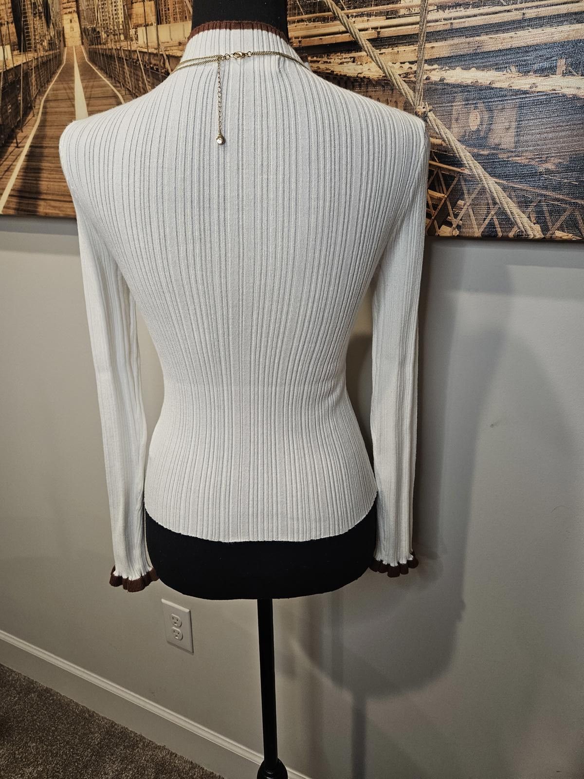 Designer Molly Green White Ribbed Sweater with Brown Accents Size XS / US 0-2 / IT 36-38 - 3 Thumbnail