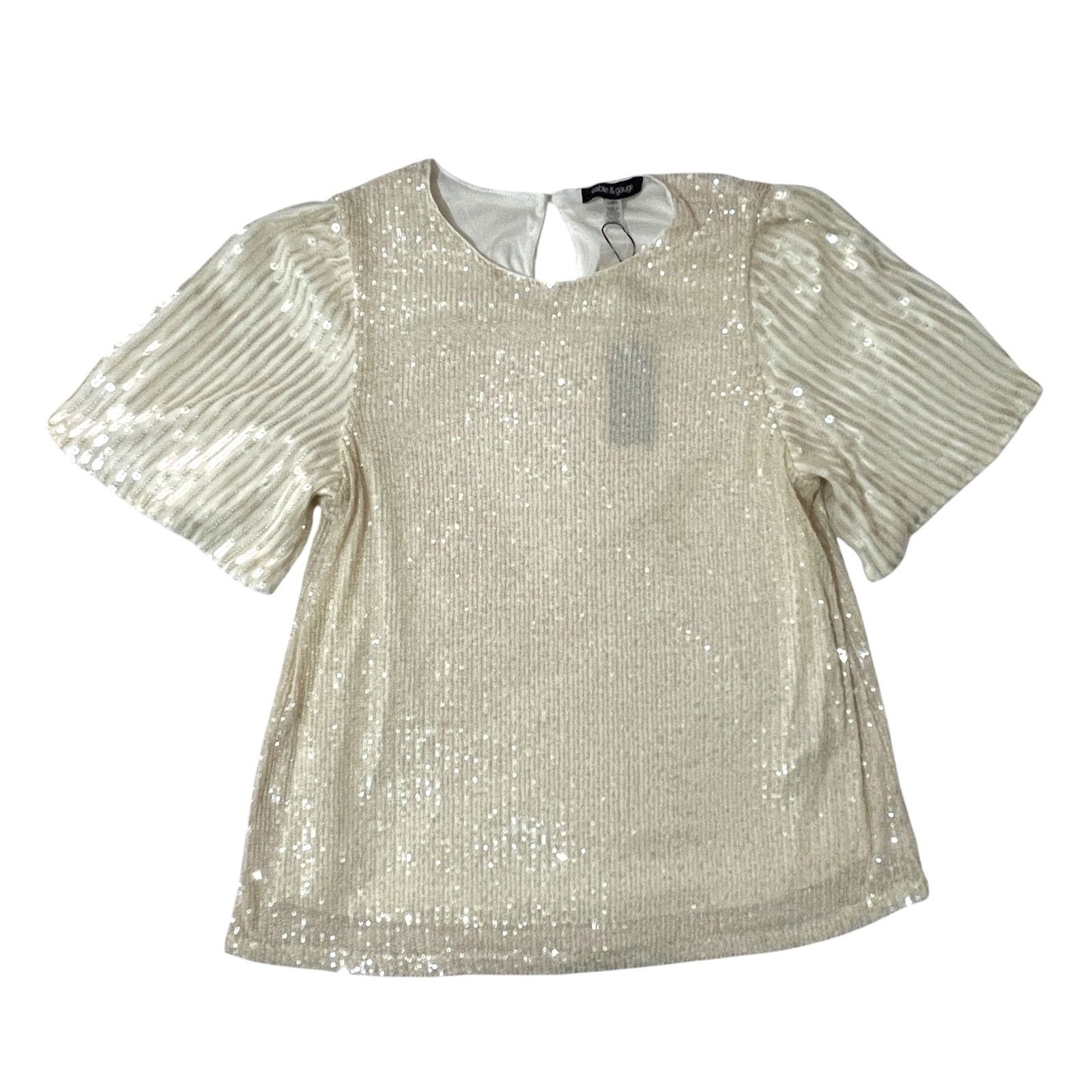 Other Whisper Cream Sequin Sparkly Flutter Sleeve Back Keyhole Top Size L / US 10 / IT 46 - 8 Thumbnail