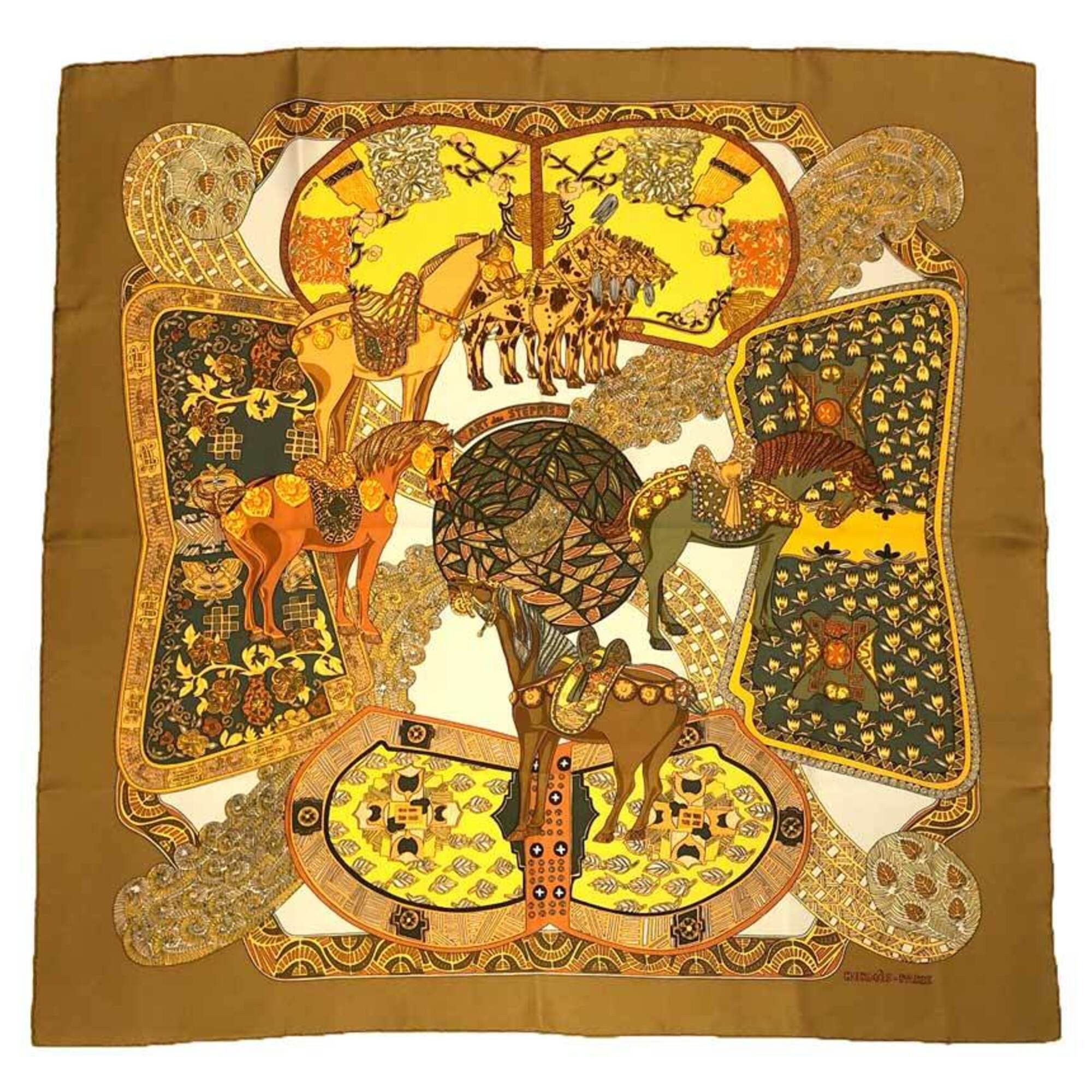 Hermes HERMES scarf/muffler, Carre 90, ART des STEPPES (Steps Art), yellow ochre, 100% silk. Size ONE SIZE - 1 Thumbnail