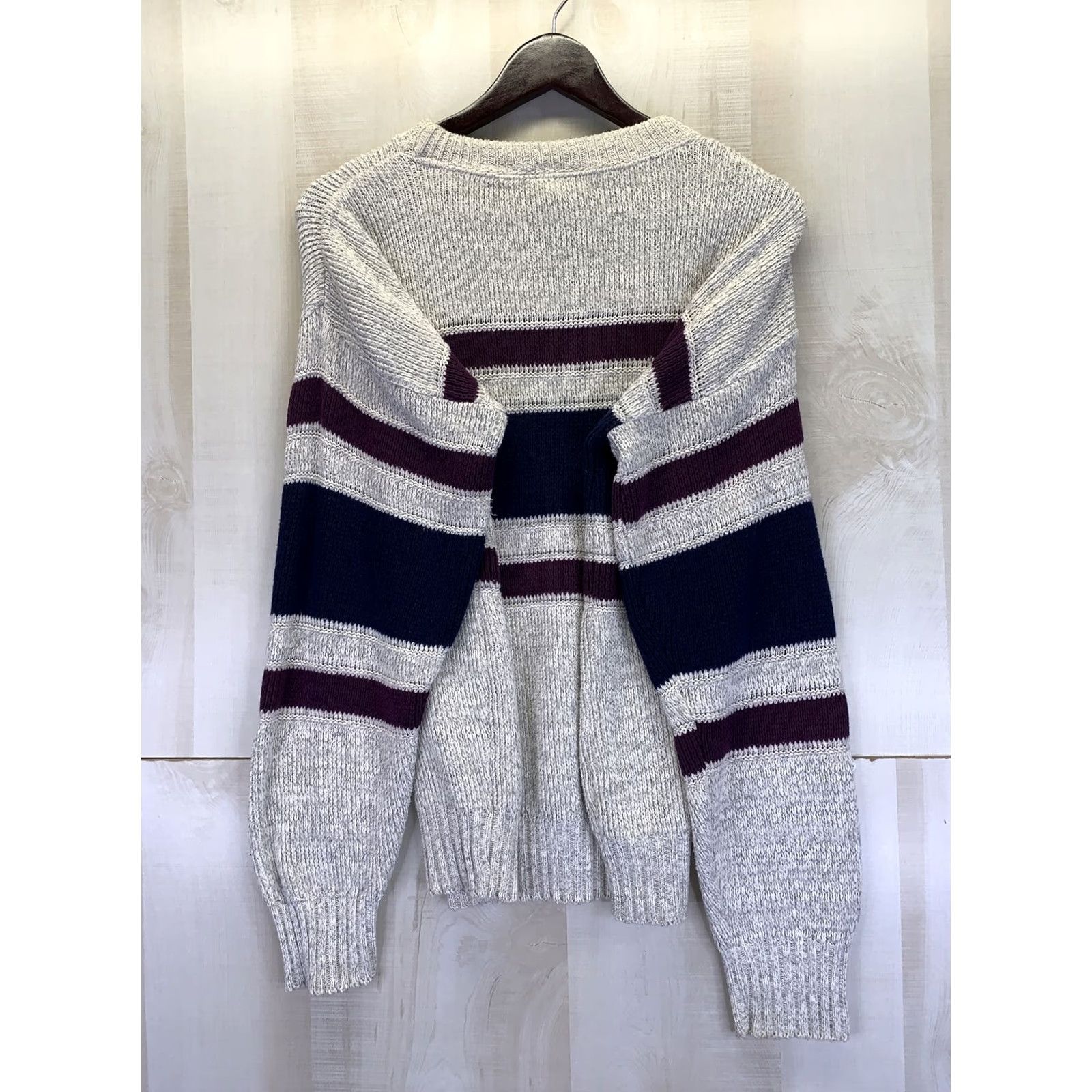 Vintage VINTAGE Ruffian Striped Knit Cotton Pullover Sweater M Mens 90s Oatmeal Navy Plum purple Hash 90s theme Size US M / EU 48-50 / 2 - 6 Thumbnail