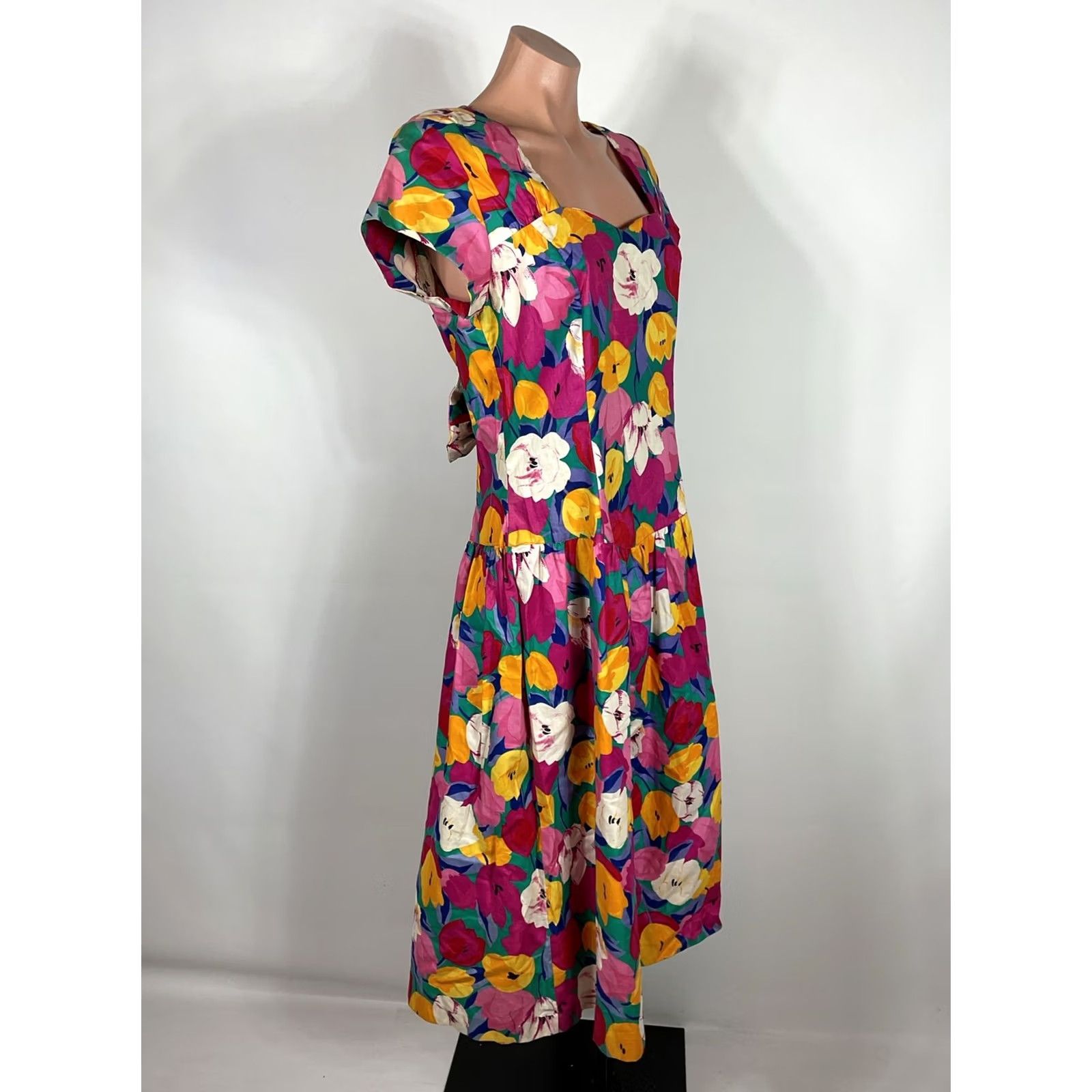 Vintage VINTAGE John Richard Sundress Shirt Dress 80s Floral Red 12 Women/Adult Mod Disco Bow Keyhole Back Occassion Day Dress Size XL / US 12-14 / IT 48-50 - 5 Thumbnail