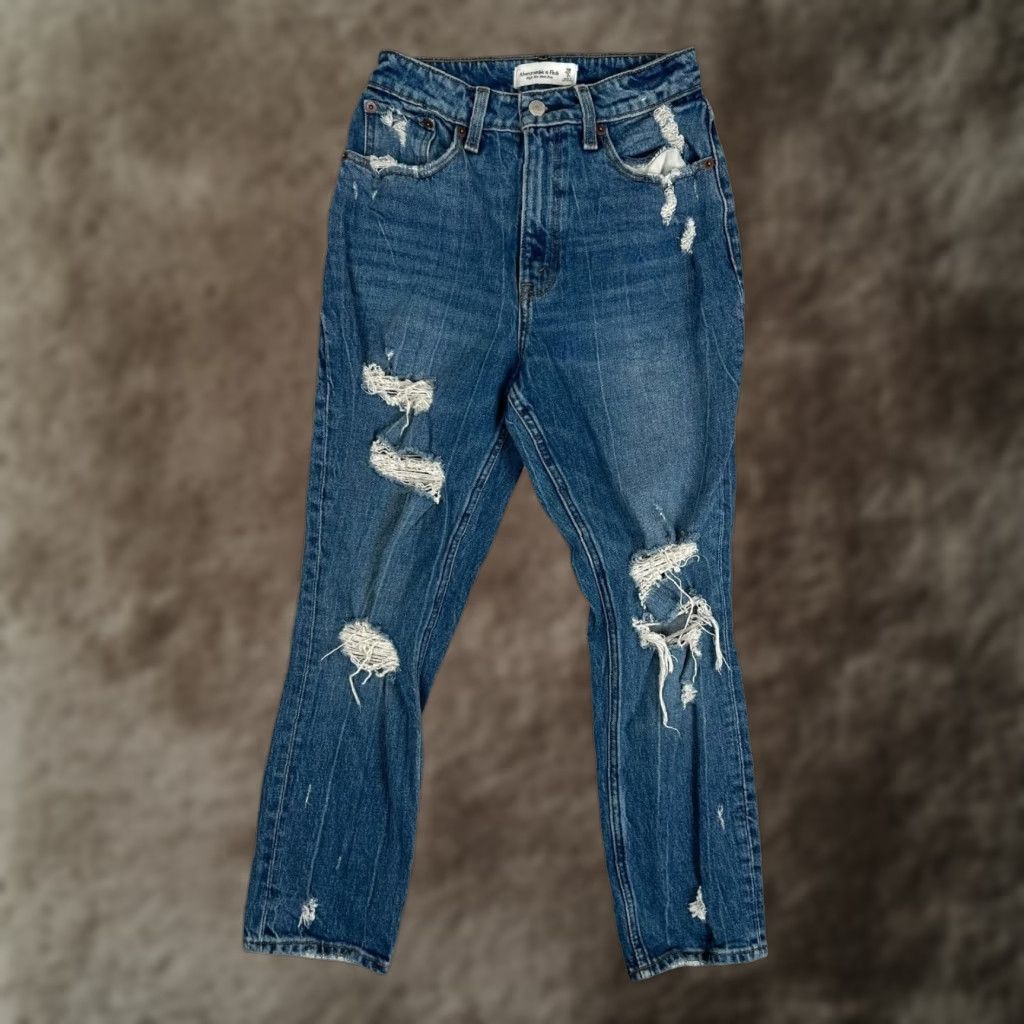 Abercrombie & Fitch Abercrombie & Fitch High Rise Mom Jeans Women's 2 Blue Distressed Curve Love Size 26" / US 2 / IT 38 - 1 Thumbnail