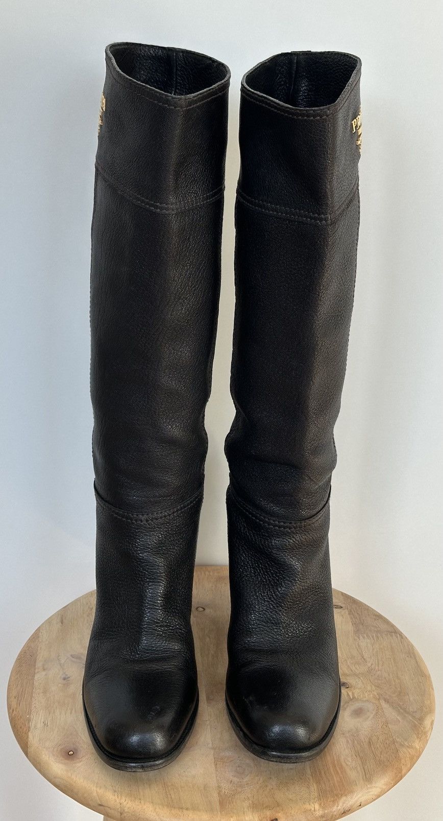 Prada Prada Black Leather Knee-High Boots Gold Logo Block Heel Size US 8.5 / IT 38.5 - 3 Thumbnail
