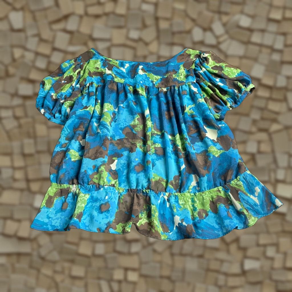 Vintage A.N.A Shirt Women Petite Large Blue Green Brown Semi Sheer Ruffle T-Shirt Boat Neck Short Sleeve Casual Fall Spring Summer Modern Womens Size L / US 10 / IT 46 - 1 Thumbnail