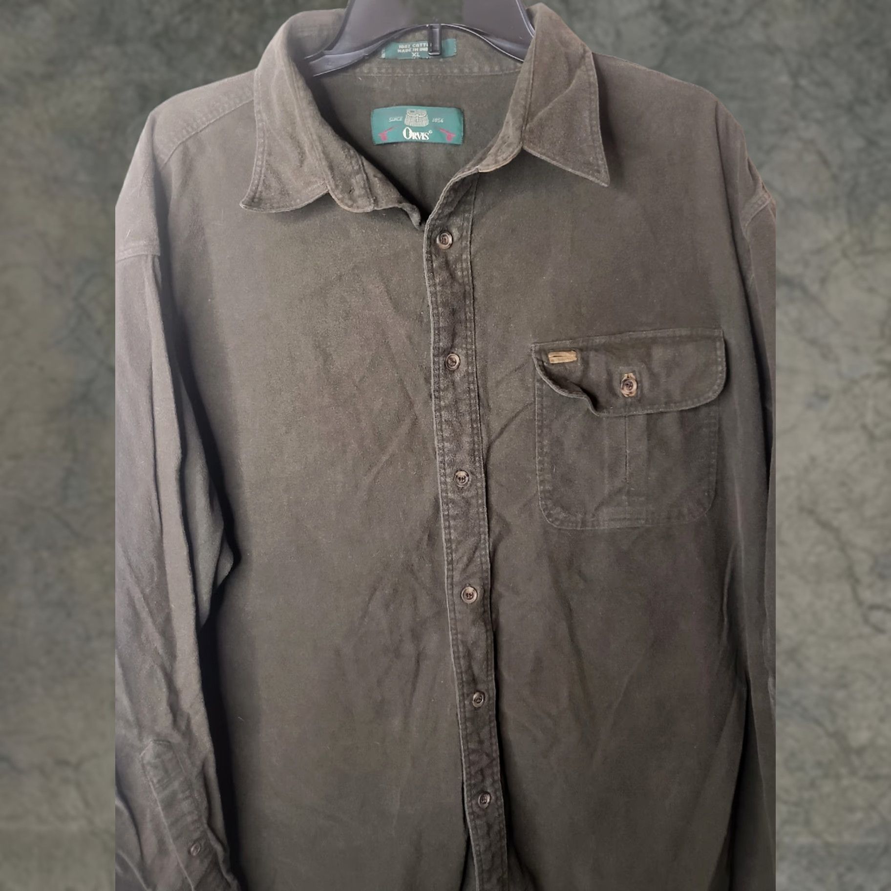Orvis VINTAGE Orvis Chamois Shirt Mens XL Brown Cotton Thick Heavy Button Up 90s Suede Pocket Trim Olive Brown External Description Size US XL / EU 56 / 4 - 1 Thumbnail