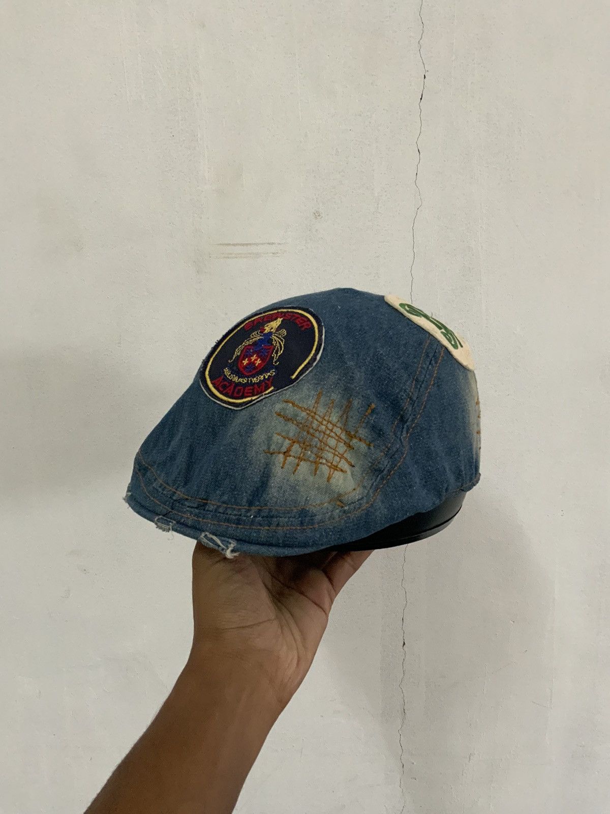 Japanese Brand Brewster Academy Distressed Sashiko Boro Denim Flat Hat Size ONE SIZE - 2 Thumbnail