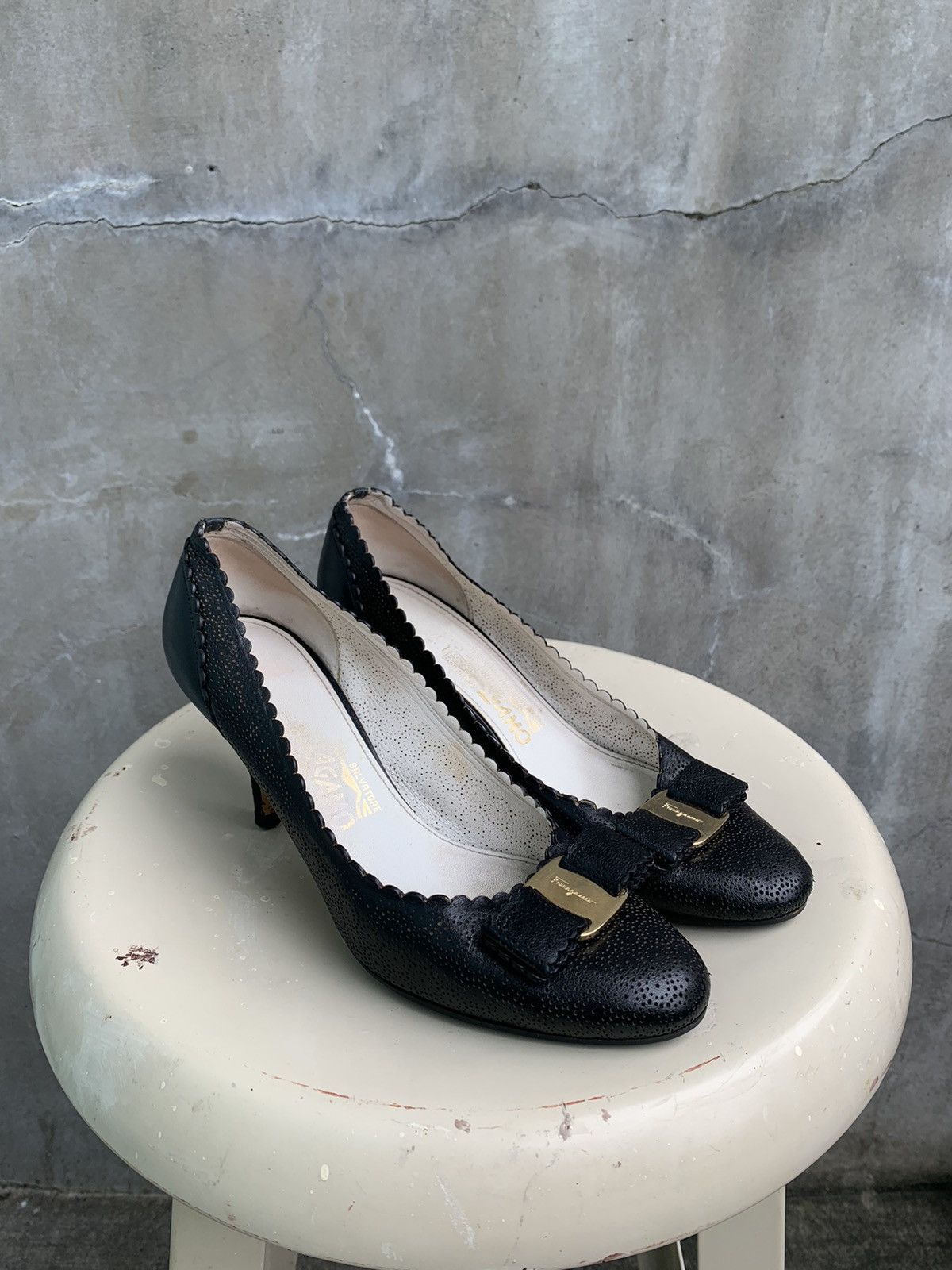 Salvatore Ferragamo Perforated Leather Vara Lace Bow Pumps Size US 6.5 / IT 36.5 - 1 Thumbnail