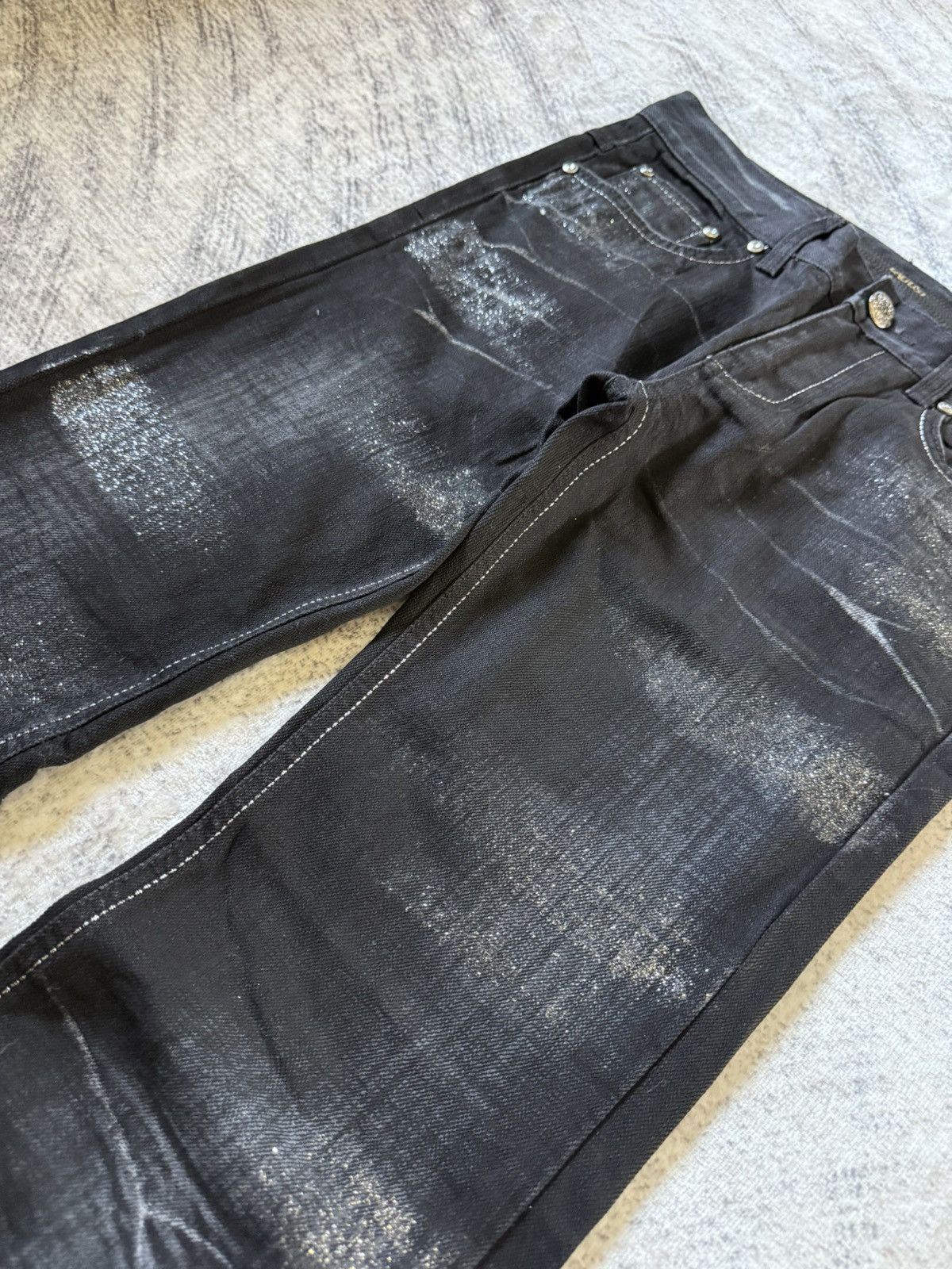 If Six Was Nine Lagust Japan Black Goth Cross Glitter Wax Coated Jeans Size US 28 / EU 44 - 5 Thumbnail