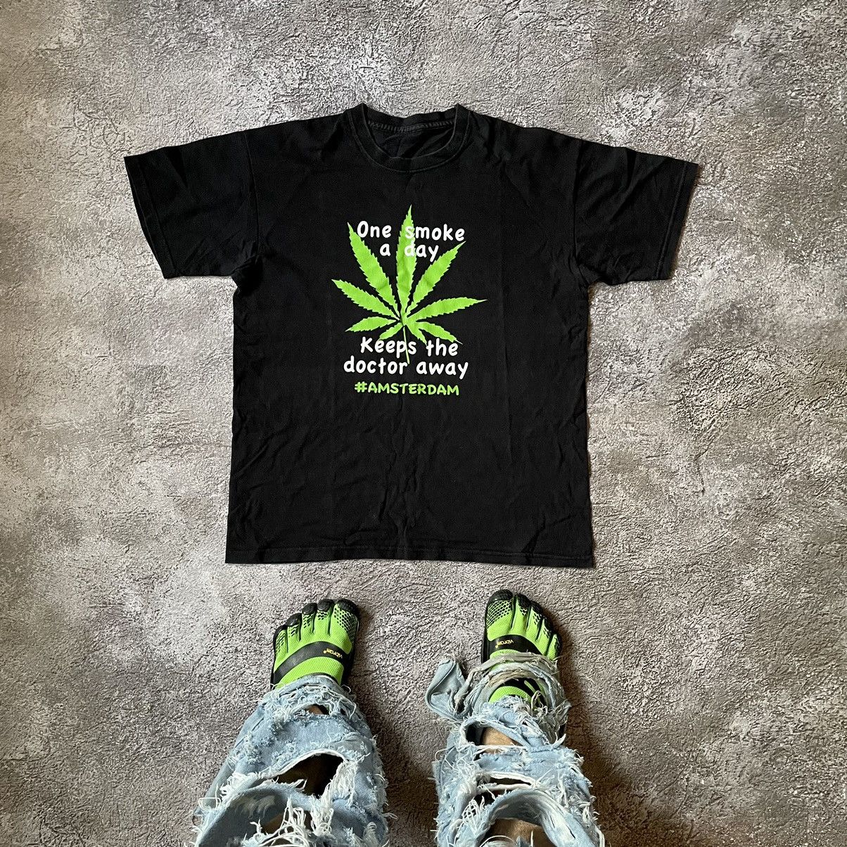 image of Humor x Vintage Y2K Adult “ One Smoke A Day Keep Doctor “ Funny Tee in Black, Men's (Size Medium)