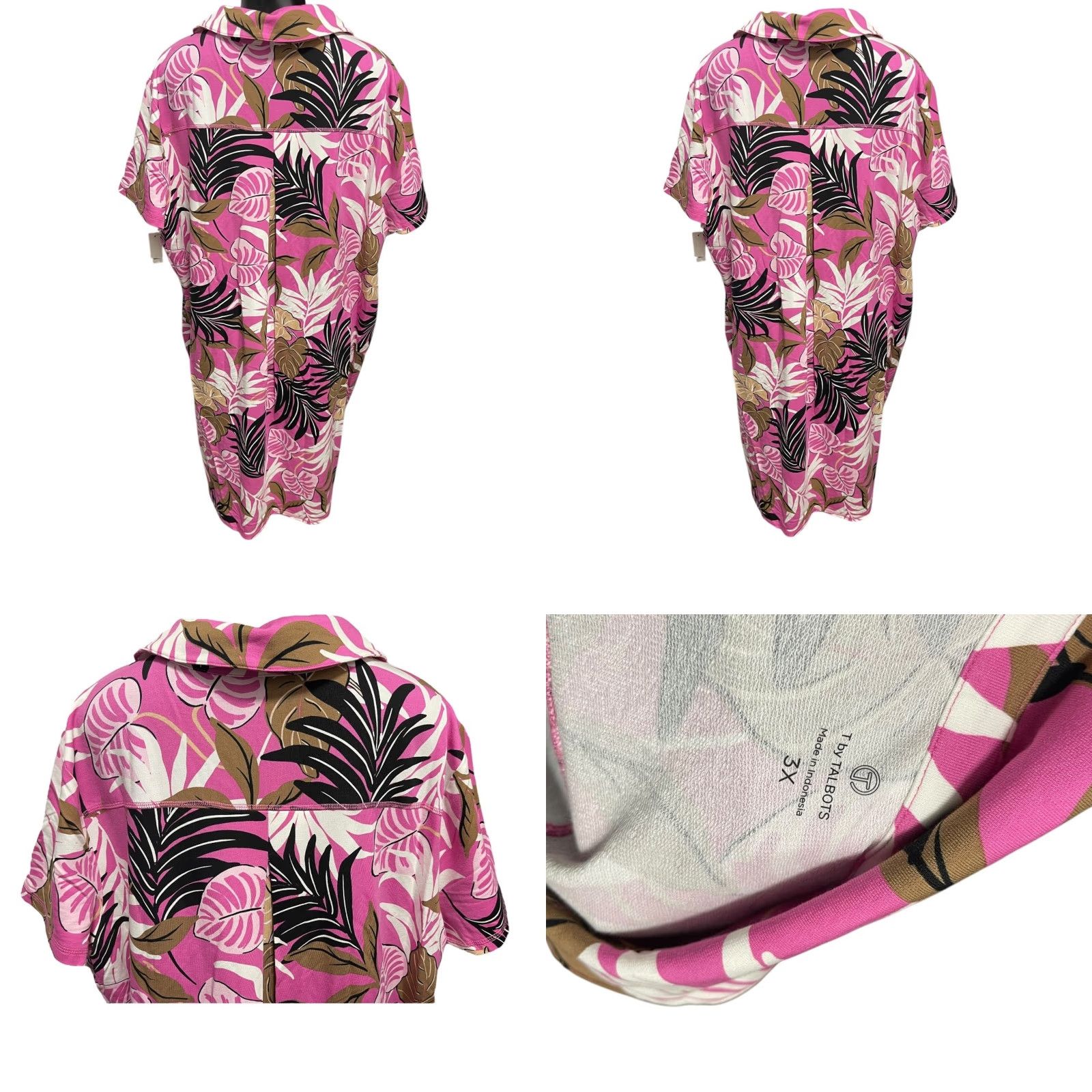 Talbots VINTAGE 3X T by Talbots New Tshirt Dress Tropical Breezy Palm Print Soft Collared Shirt Men 3X Pink Short Sleeve Tall Size 48R - 8 Thumbnail