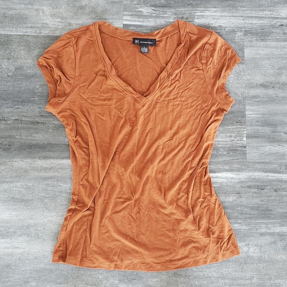 Designer Burnt Orange Shimmer INC Vneck Short Sleeve Size L / US 10 / IT 46 - 1 Thumbnail