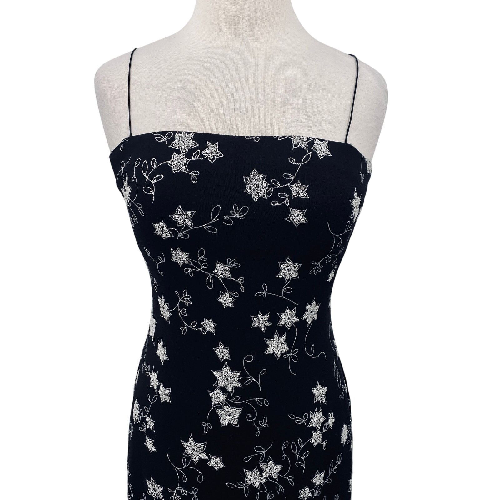 Vintage Vintage 90s Y2k Sparkle Bead Floral Column Gown Black Silver Size S / US 4 / IT 40 - 2 Thumbnail