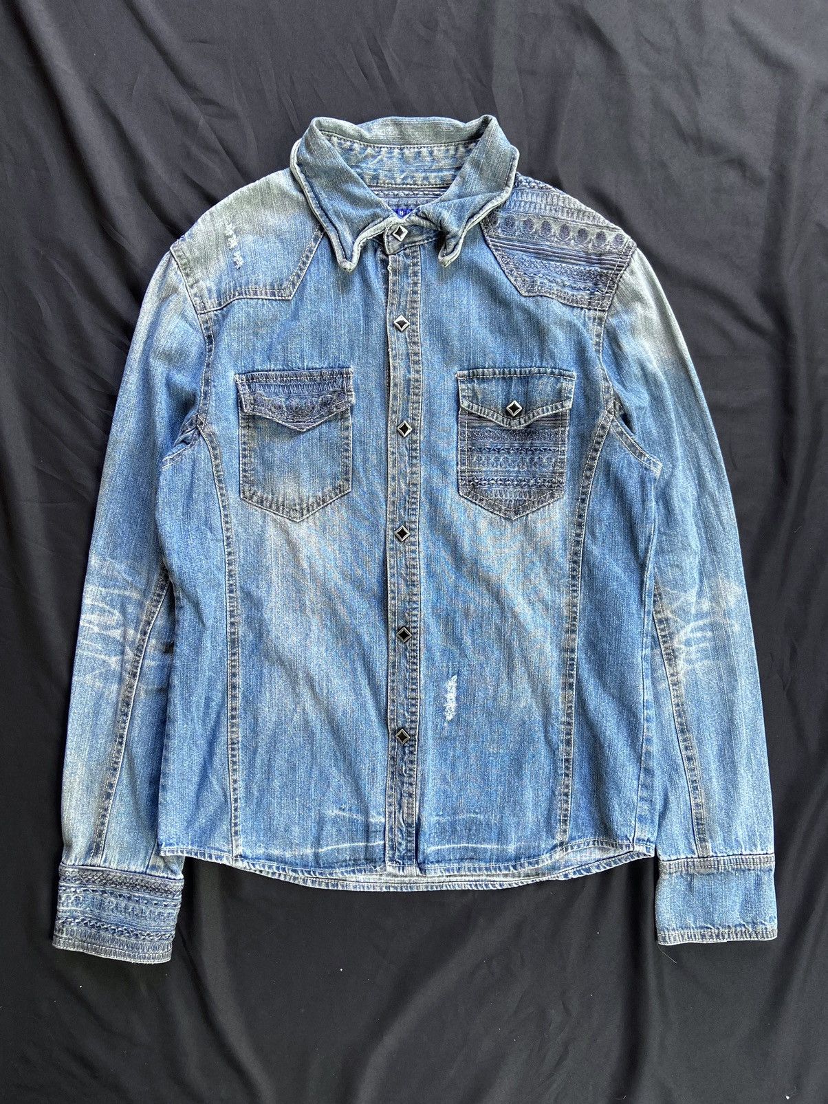 image of If Six Was Nine x Semantic Design Distressed Skull Button Down Denim in Blue, Men's (Size Medium)