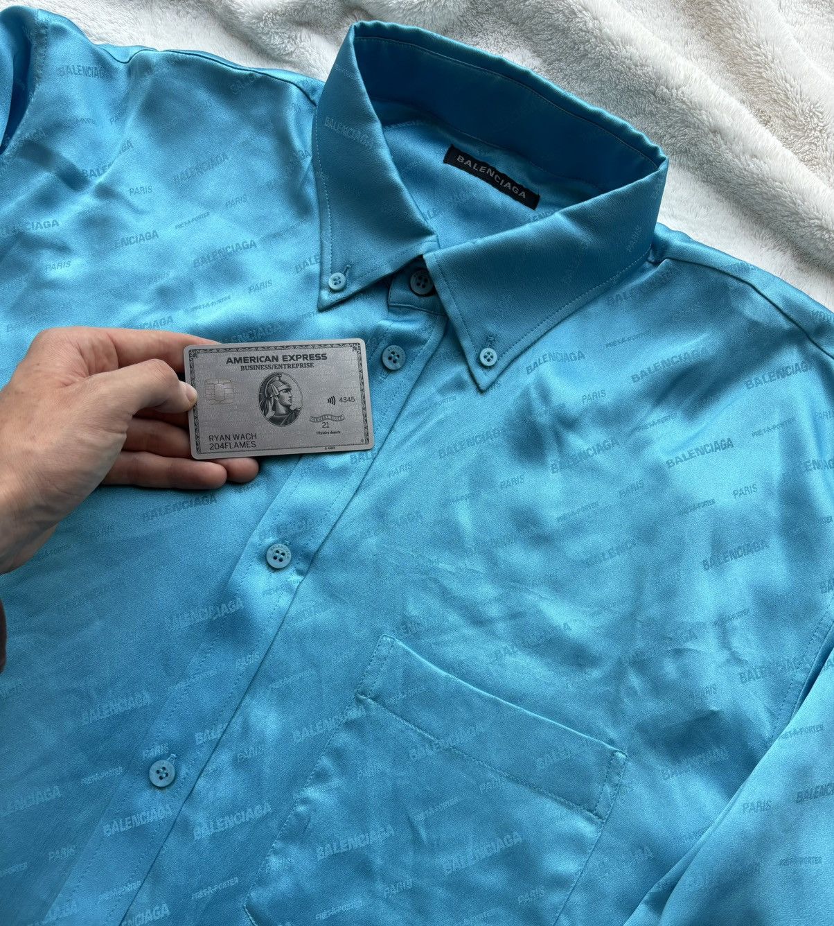 Balenciaga Balenciaga Blue Silk ‘All Over Logo’ Button Up Shirt Size US XL / EU 56 / 4 - 2 Thumbnail